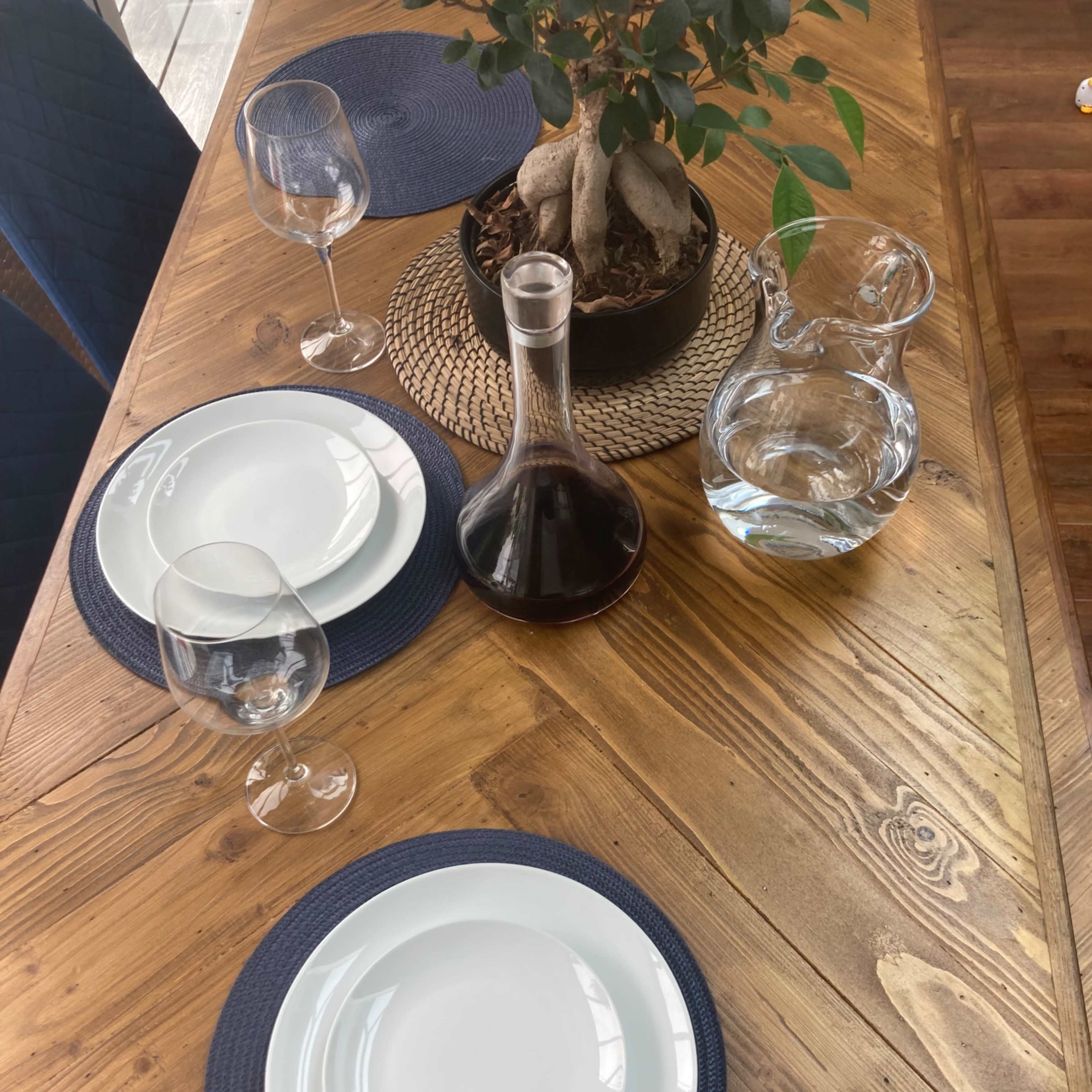 A wooden dining table is set with two white plates, wine glasses, a decanter filled with red wine, a pitcher of water, and a potted plant in the center.