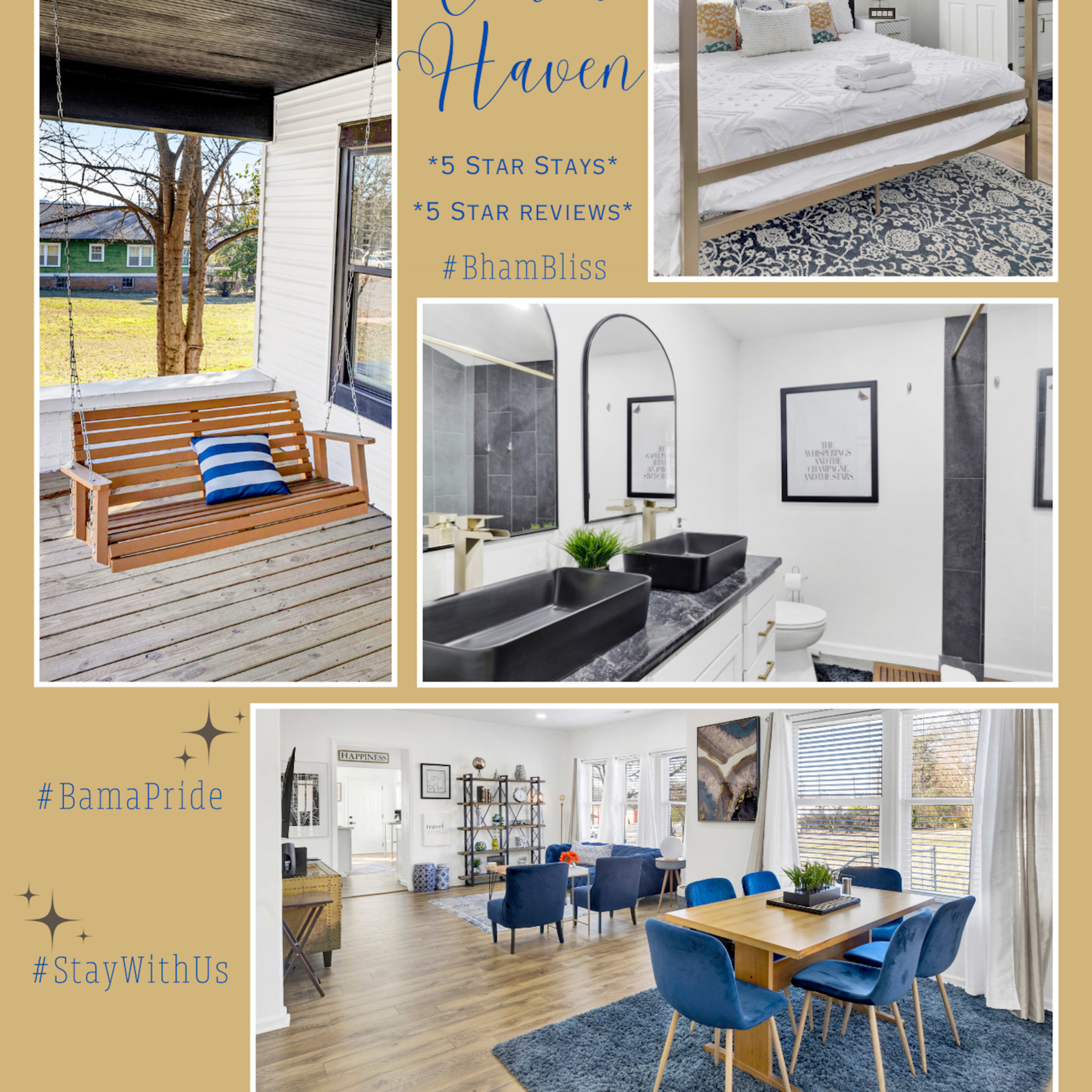 A collage of a vacation rental, featuring outdoor play equipment, a stylish bedroom with a four-poster bed, a bathroom with dual sinks, a swing on the porch, and a dining area with a blue table set.