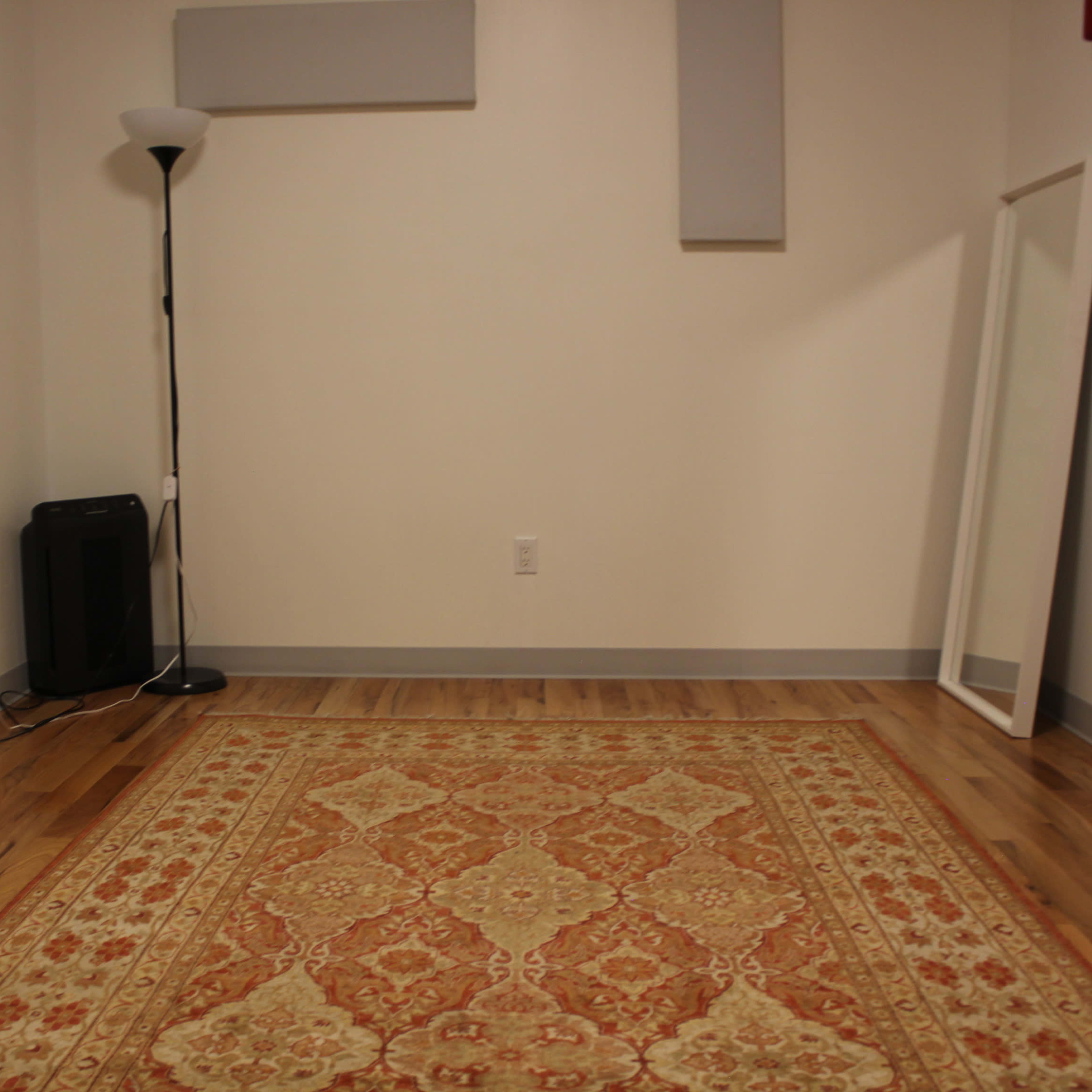 A sparsely furnished room with a wooden floor, a large patterned rug in the center, a standing lamp in the corner, and a wall-mounted mirror.