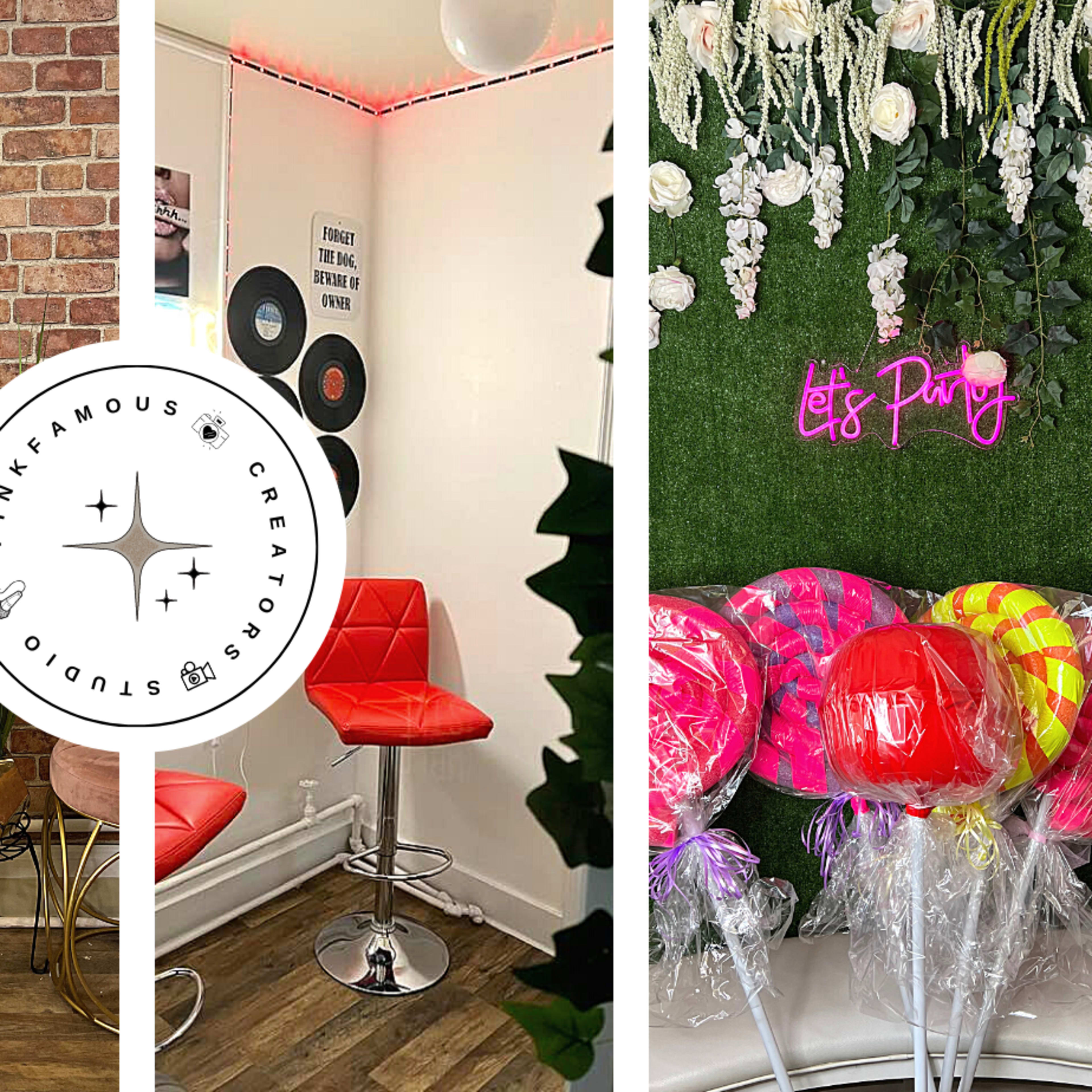 A collage of four distinct themed setups, including a retro-inspired bar area, a cozy seating nook with decorative wall elements, and a vibrant display of colorful party supplies.