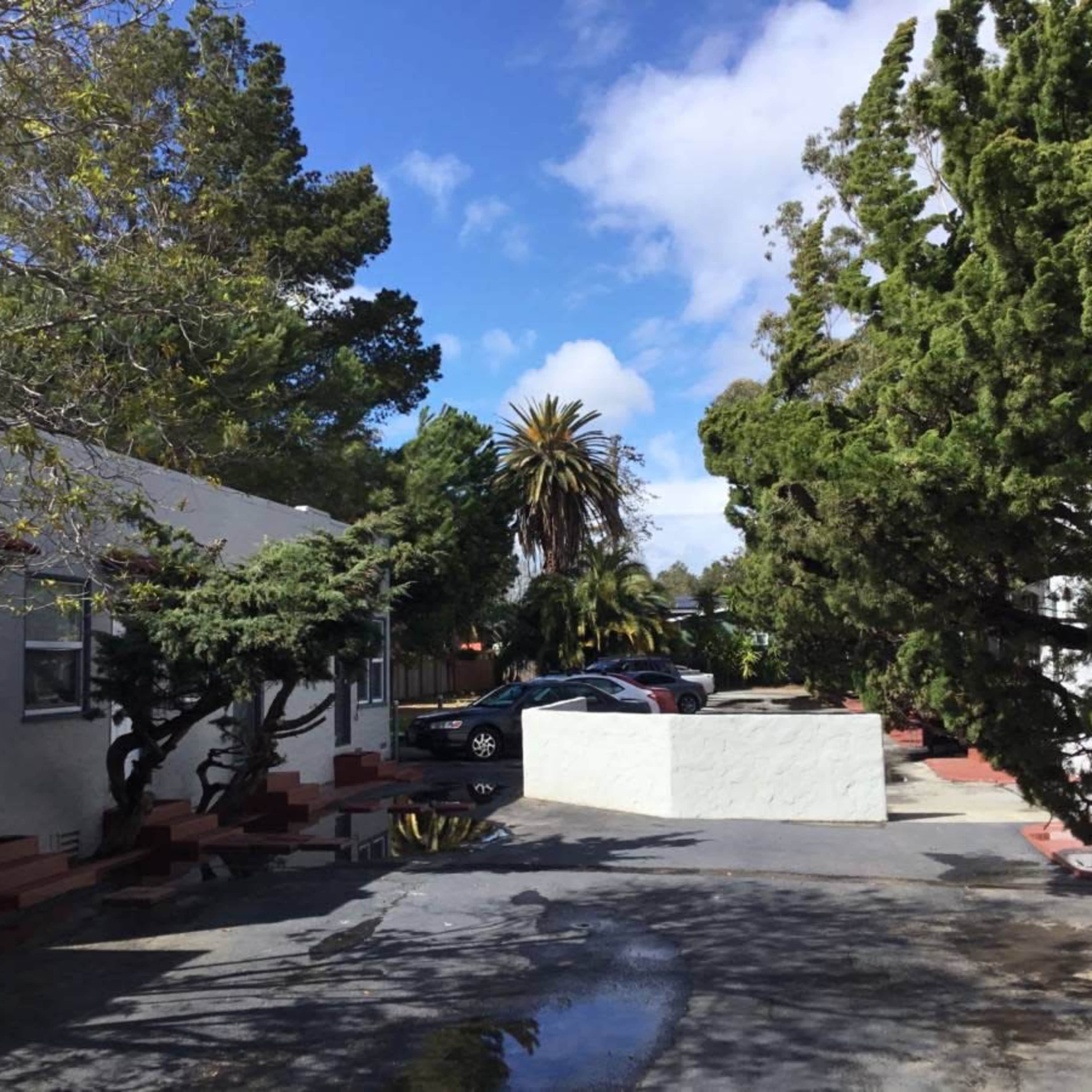 A pathway lined with trees, leading to a parking area next to a row of single-story buildings under a partly cloudy sky.