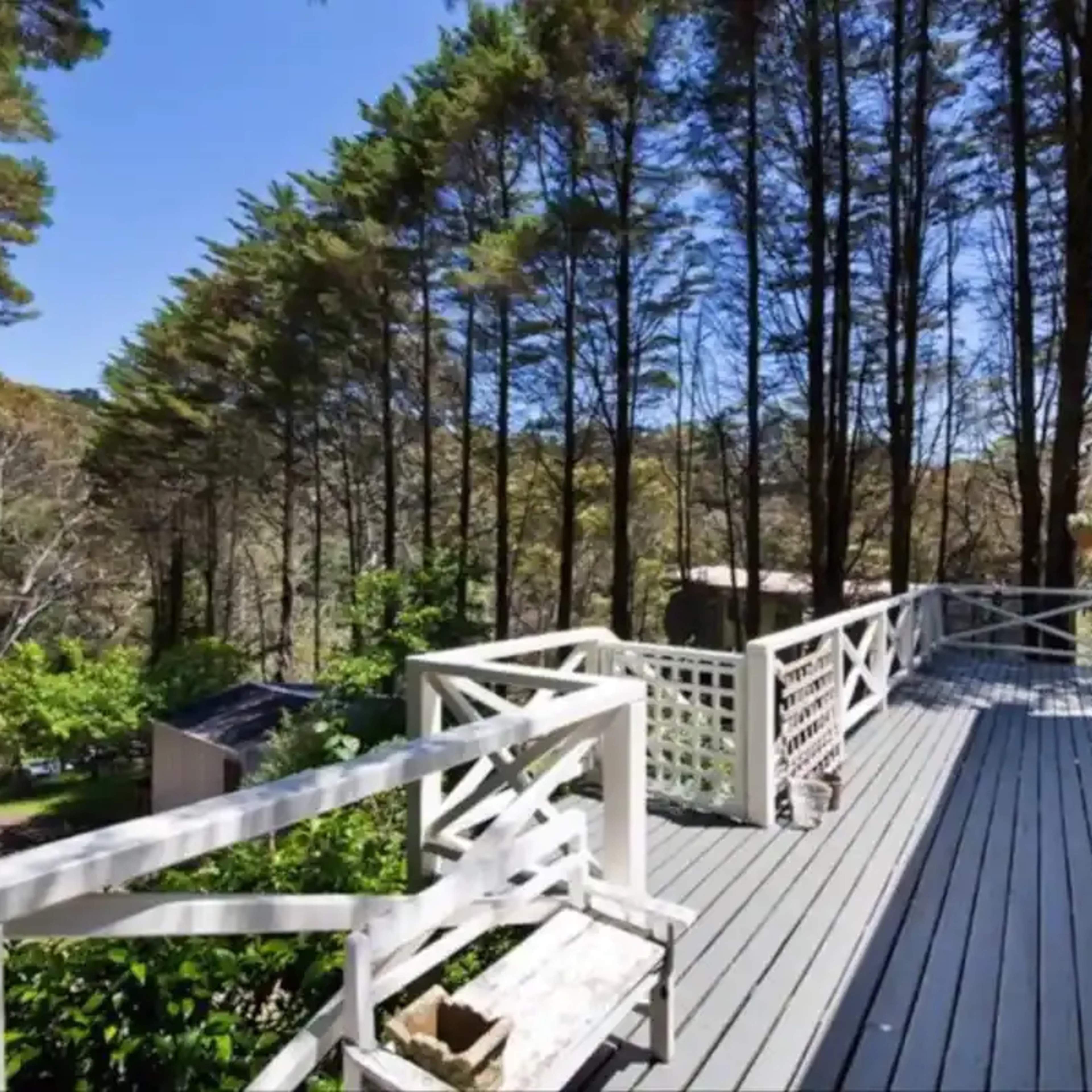 A white house with a wooden deck overlooks a dense row of tall trees.