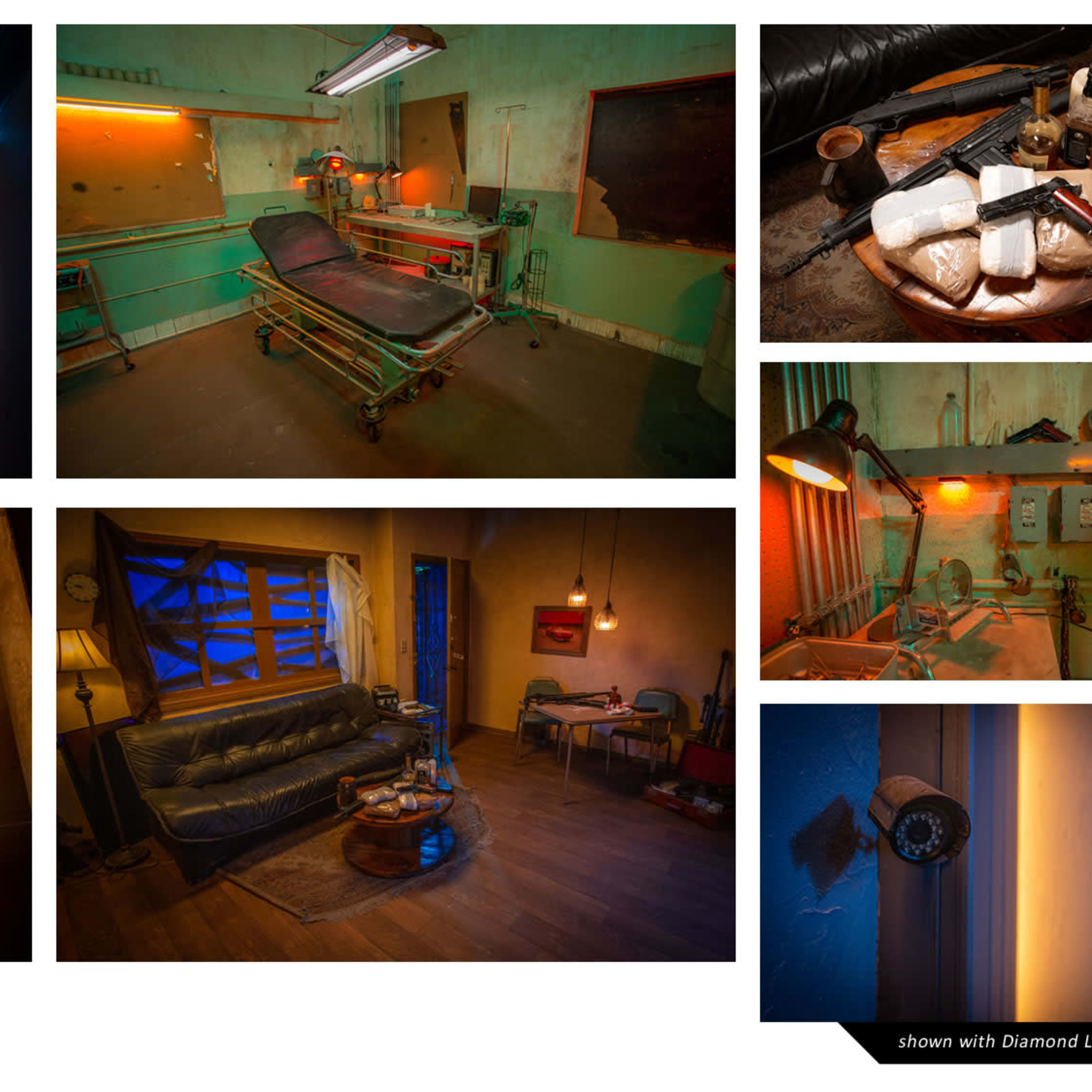 A series of dimly lit, unsettling rooms featuring items like a surgical table, a dining area, and various ominous decor.