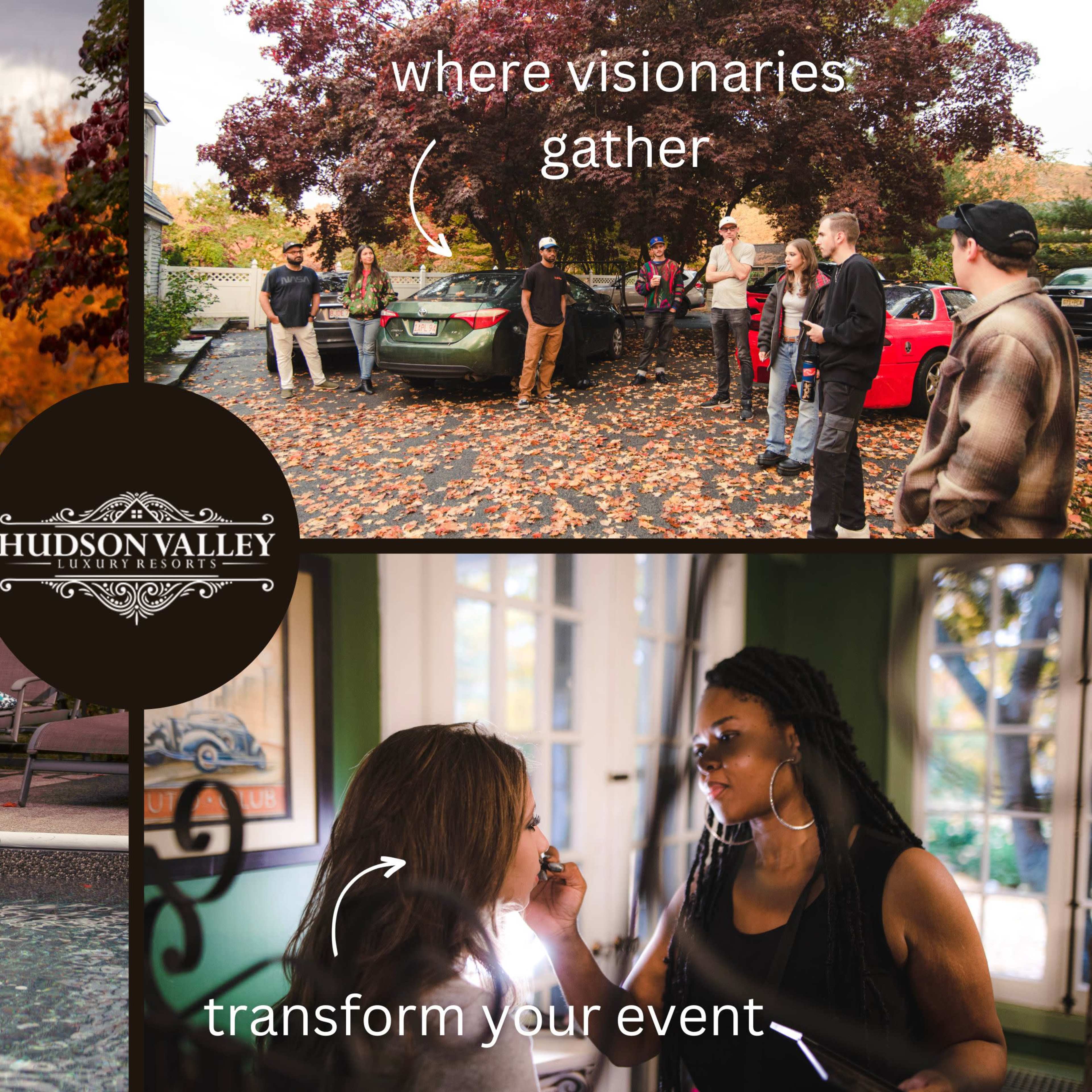 A collage featuring a woman by a poolside surrounded by autumn foliage, a group of people socializing near cars in a driveway covered with leaves, and two women engaged in conversation indoors.