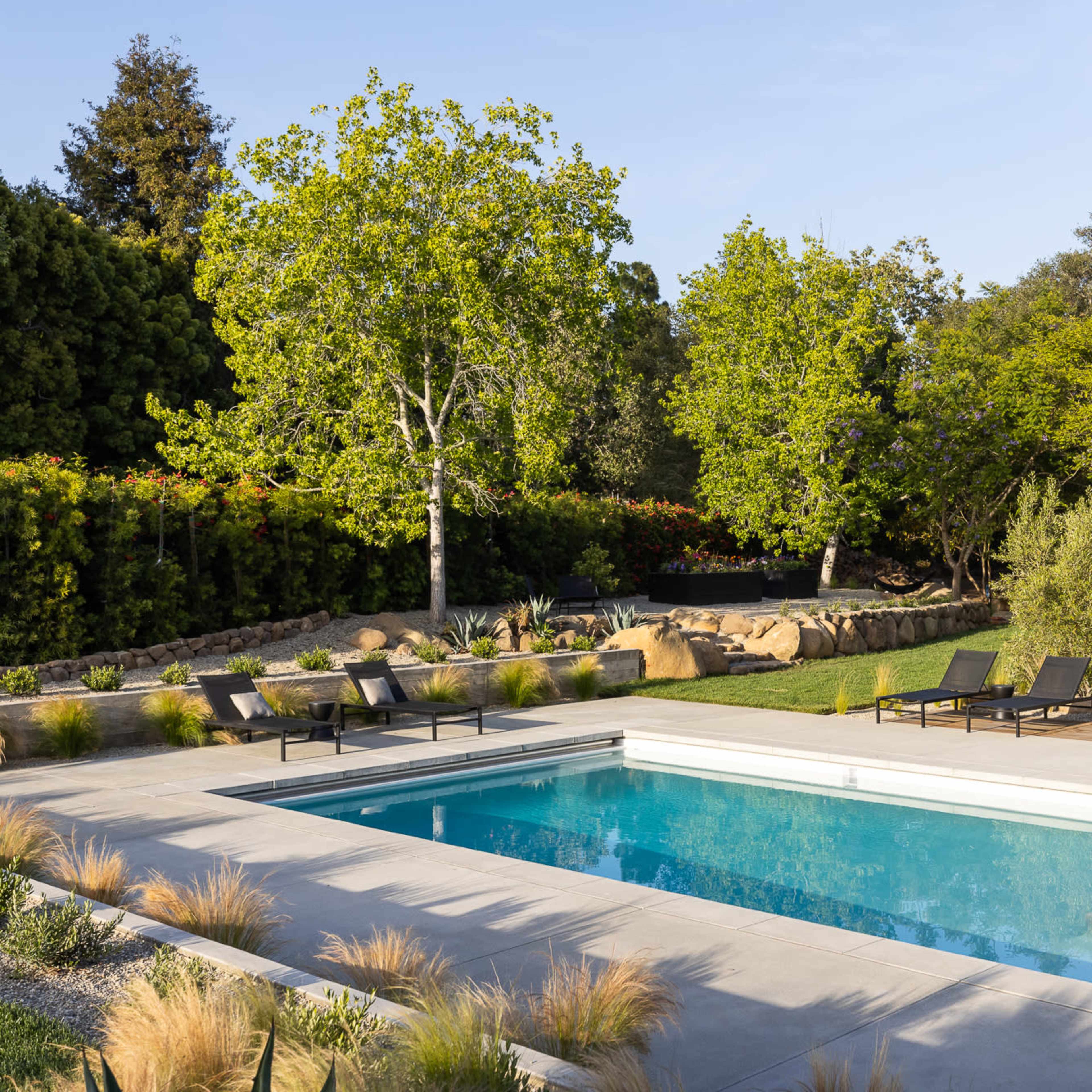 The scene features a modern swimming pool surrounded by loungers and lush greenery in a landscaped garden.