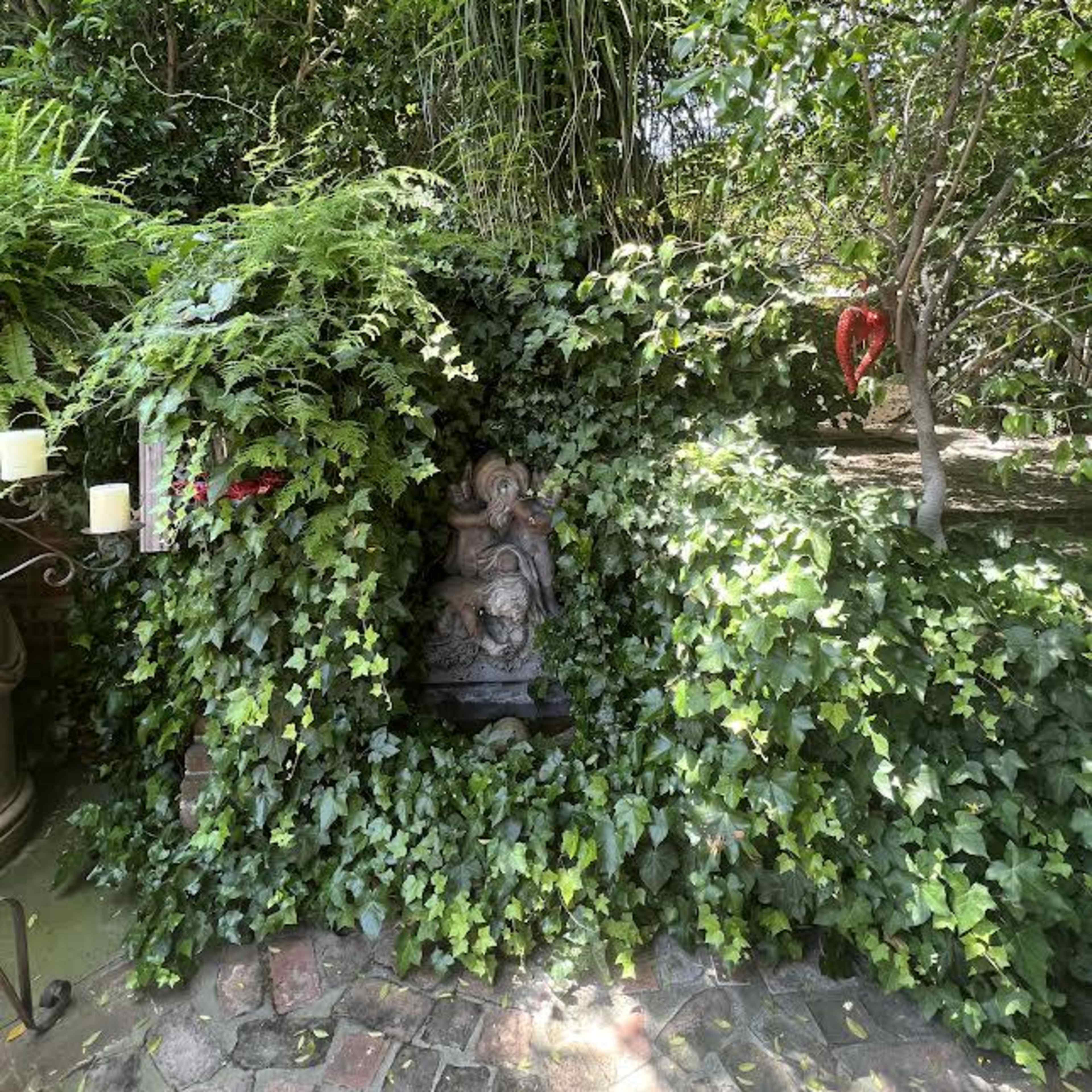A stone statue of a figure is partially obscured by dense green ivy in a lush garden setting.