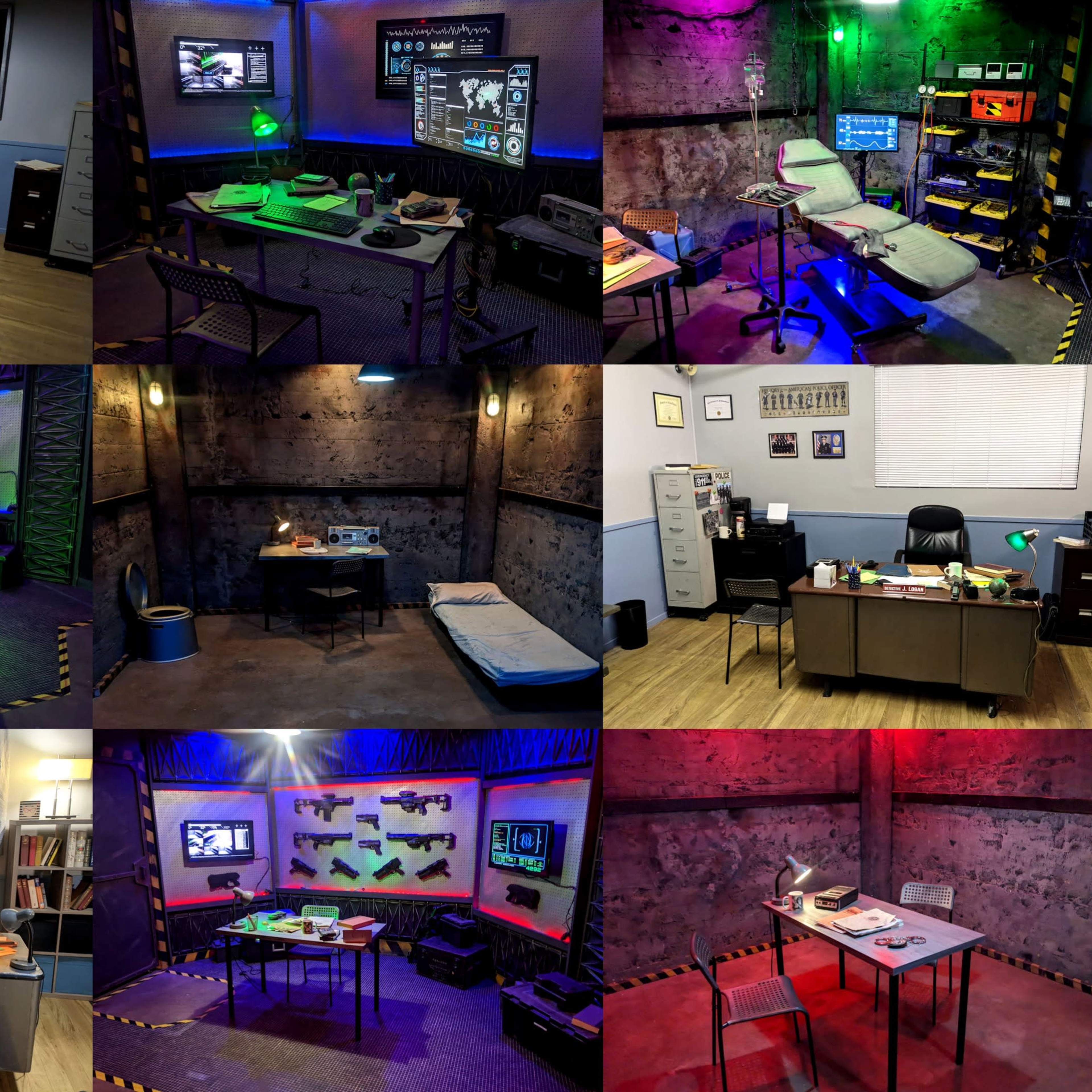 A collage of various themed rooms that resemble a high-tech lab or control center, featuring monitors, workstations, and distinct decor.