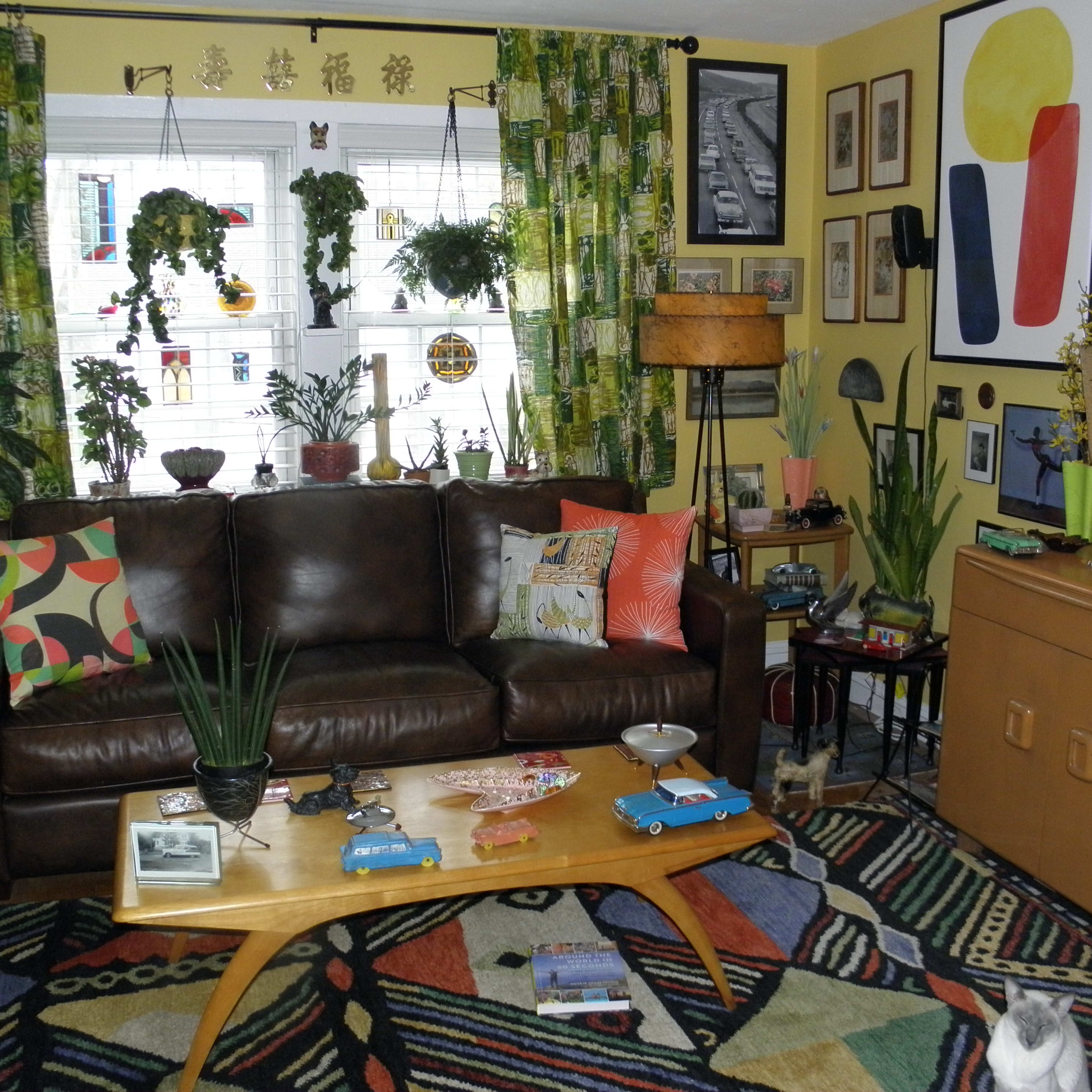 A living room features a brown leather sofa, a colorful area rug, plants, and various artwork on the walls.