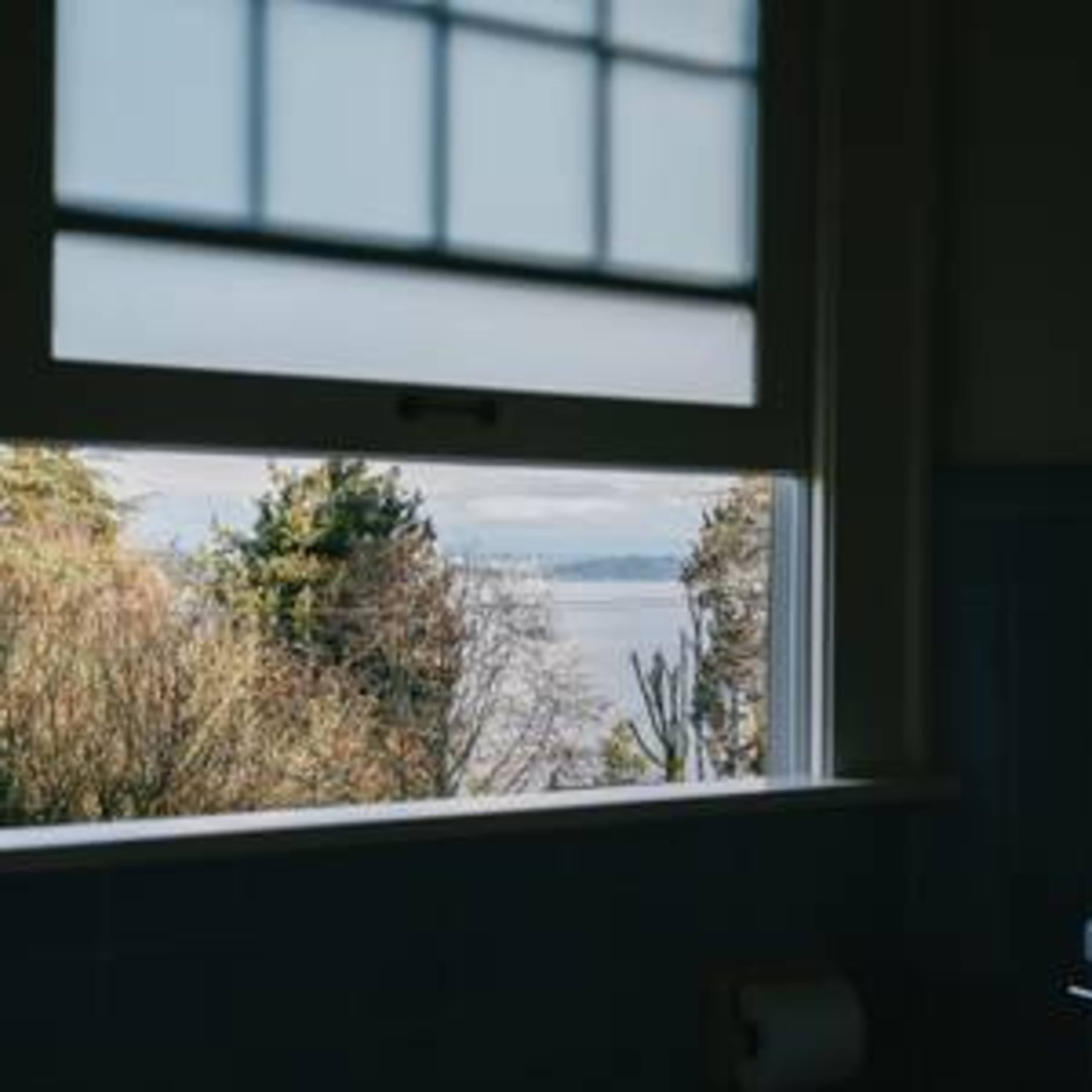 A view of a serene landscape with trees and water is visible through a window in a bathroom.