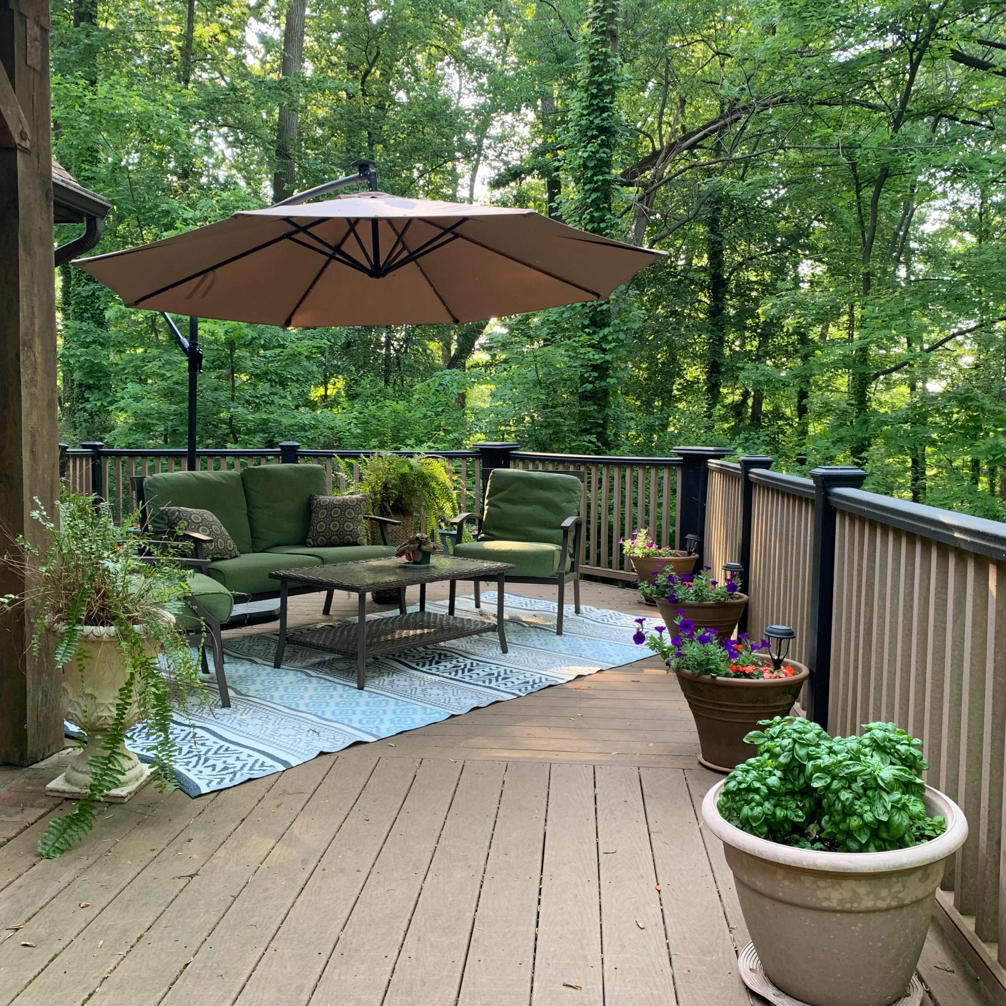 A wooden deck features green furniture arranged under an umbrella, surrounded by potted plants and a patterned rug amidst a wooded backdrop.