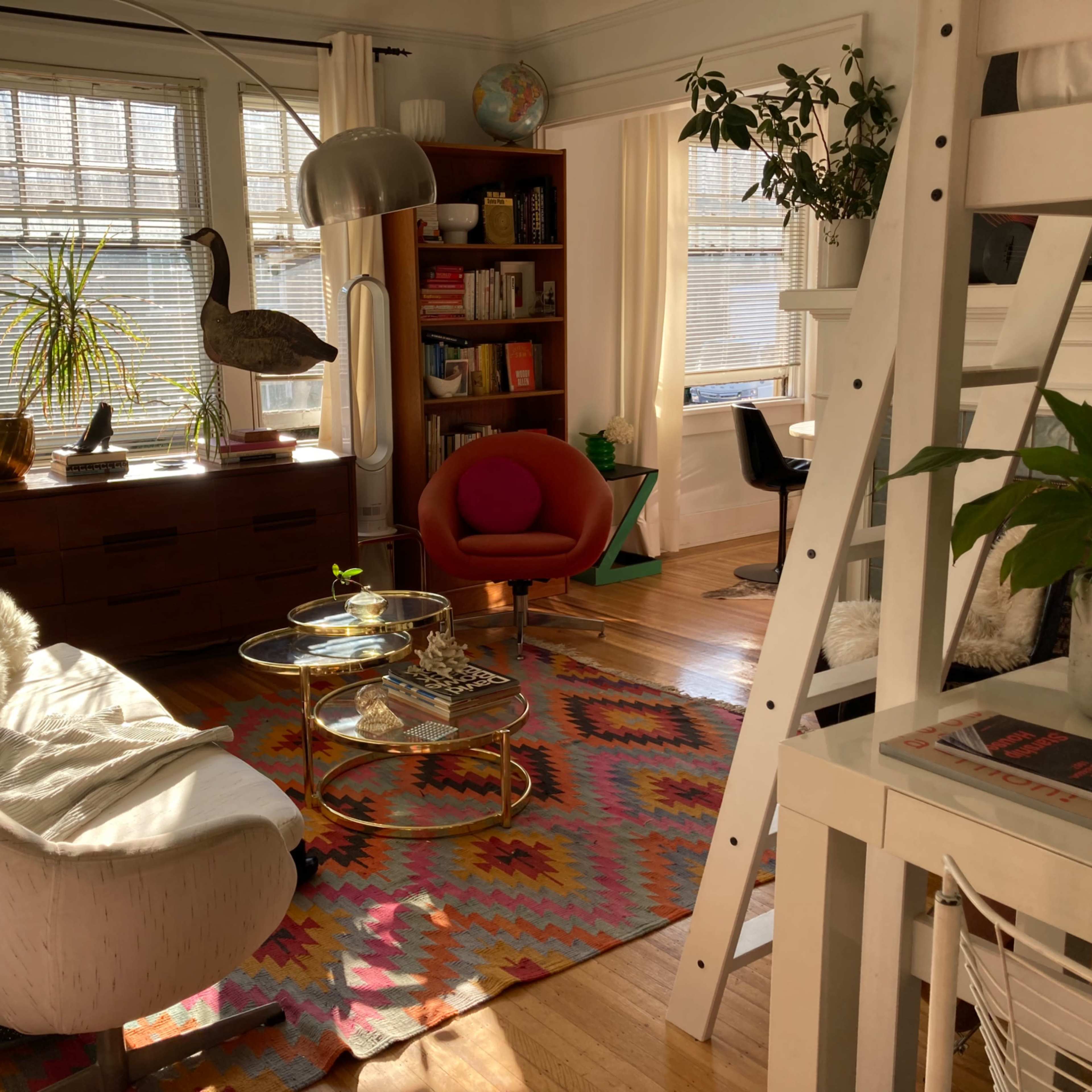 A bright living room with a curved sofa, a round coffee table, a red accent chair, and a bookshelf, illuminated by natural light through large windows.