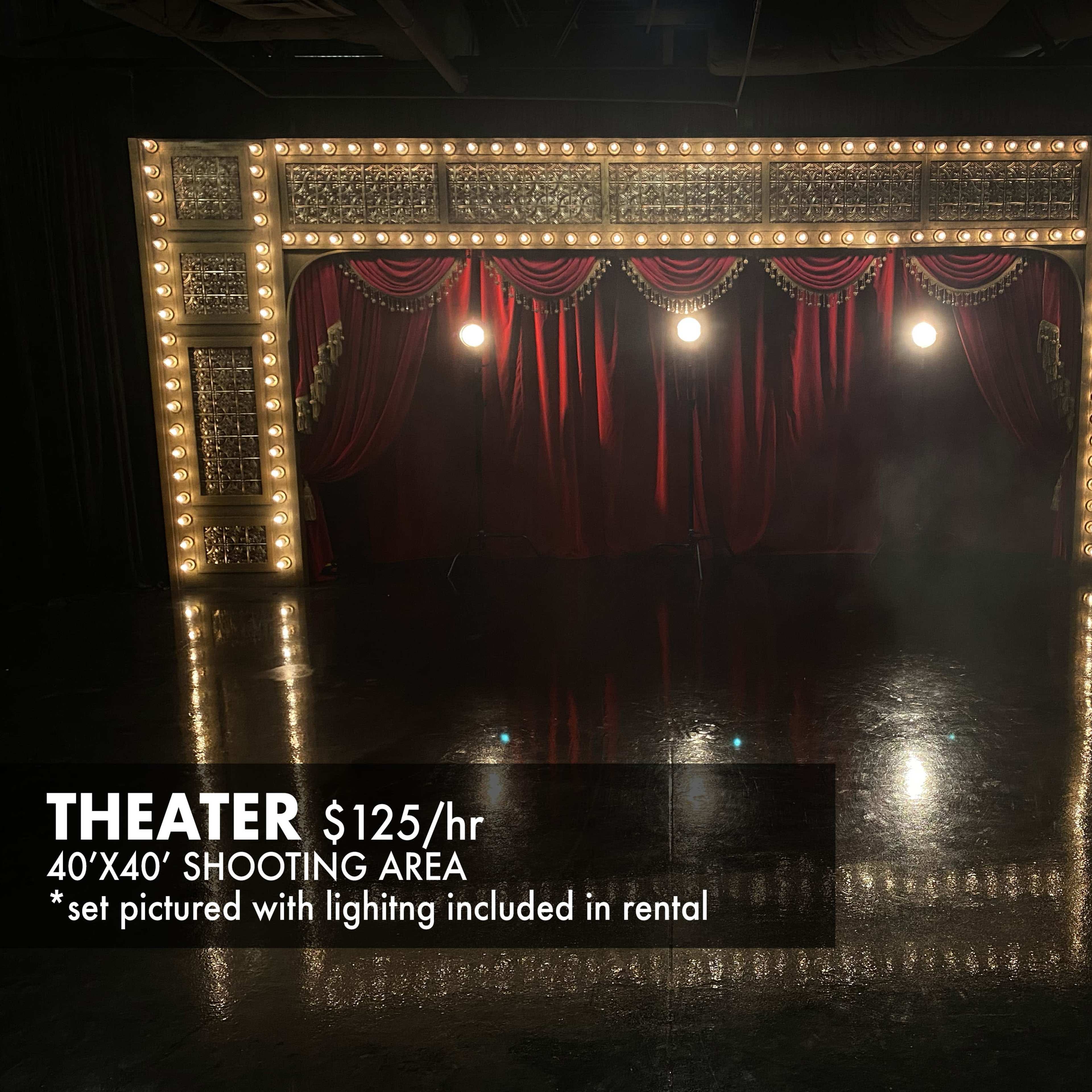 A theater stage with a decorated backdrop, red curtains, and bright lights, available for rent as a shooting area.