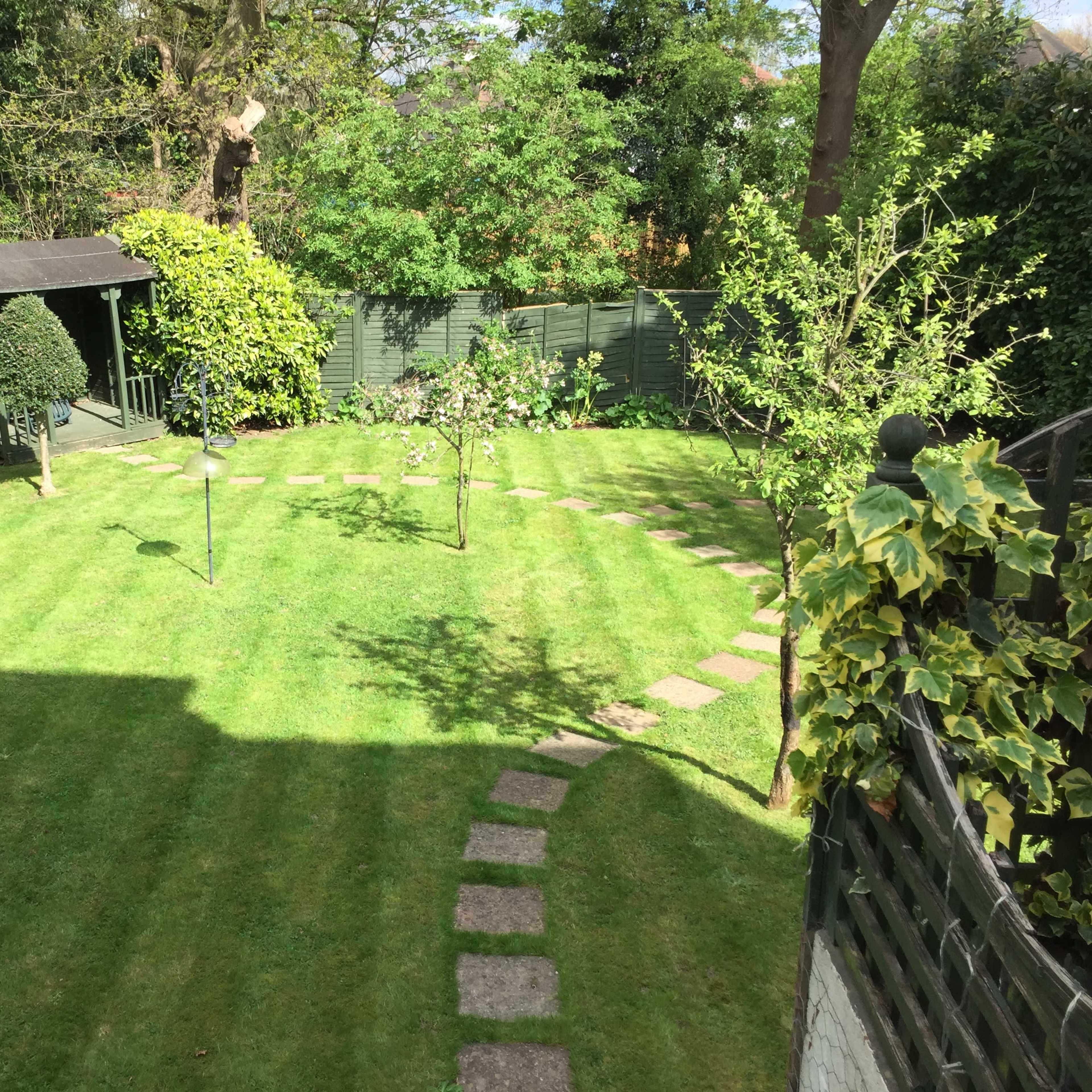 A well-maintained garden with a gravel path, two small trees, and a wooden shed surrounded by neatly trimmed grass.