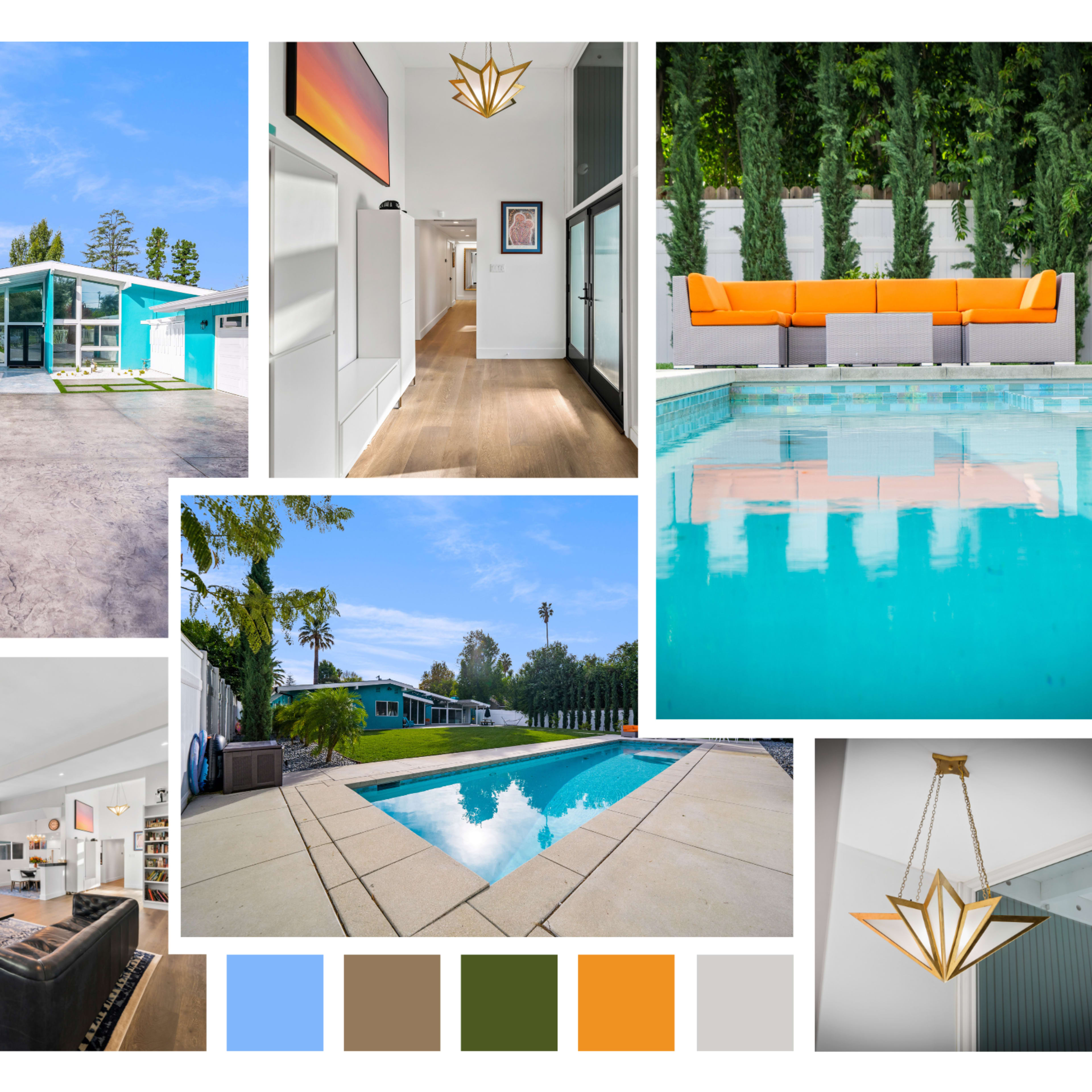 A collage of a turquoise house, a bright living space, an outdoor pool area with orange furniture, and a modern light fixture.