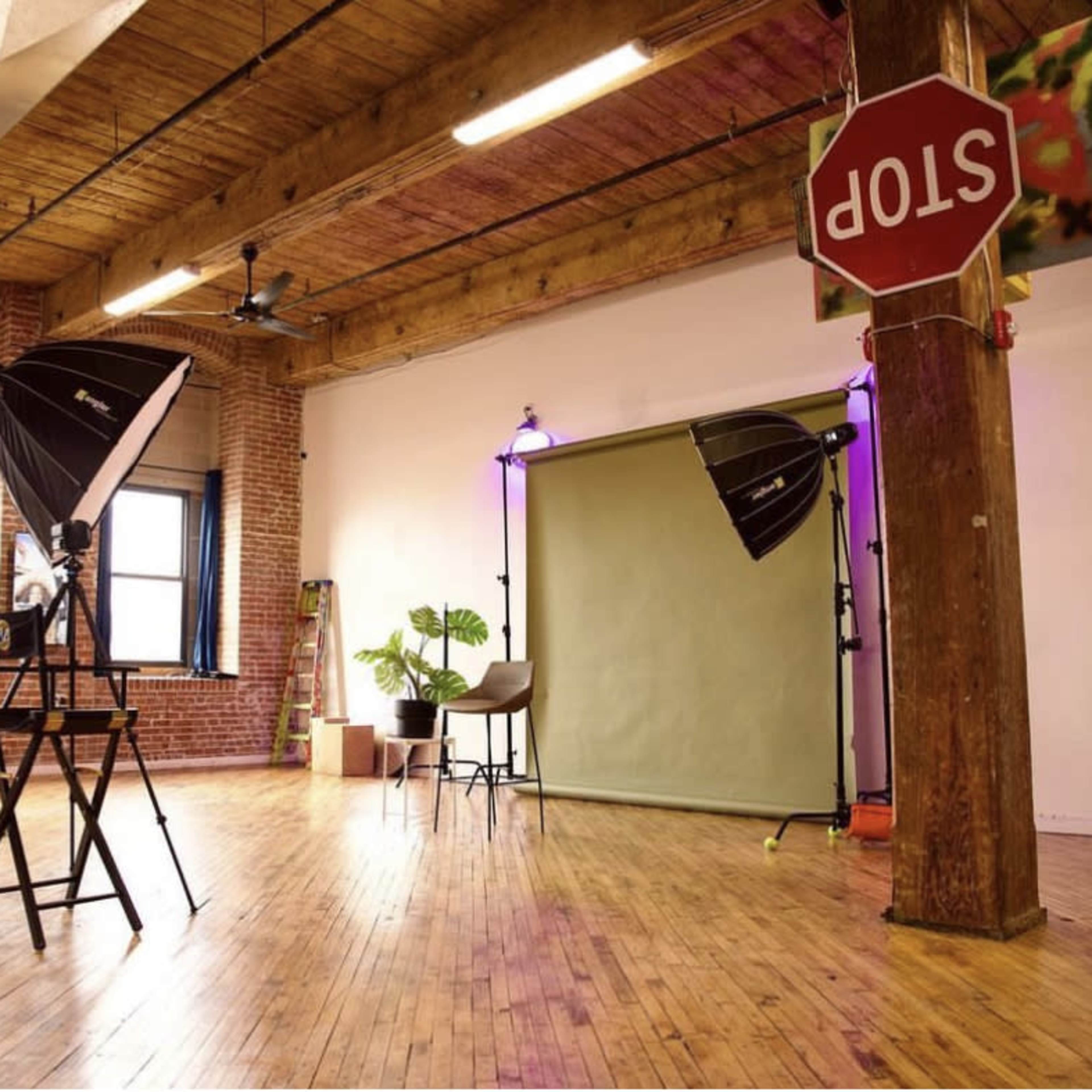 A photography studio with two light setups, a green backdrop, and a potted plant in a room featuring brick walls and wooden flooring.