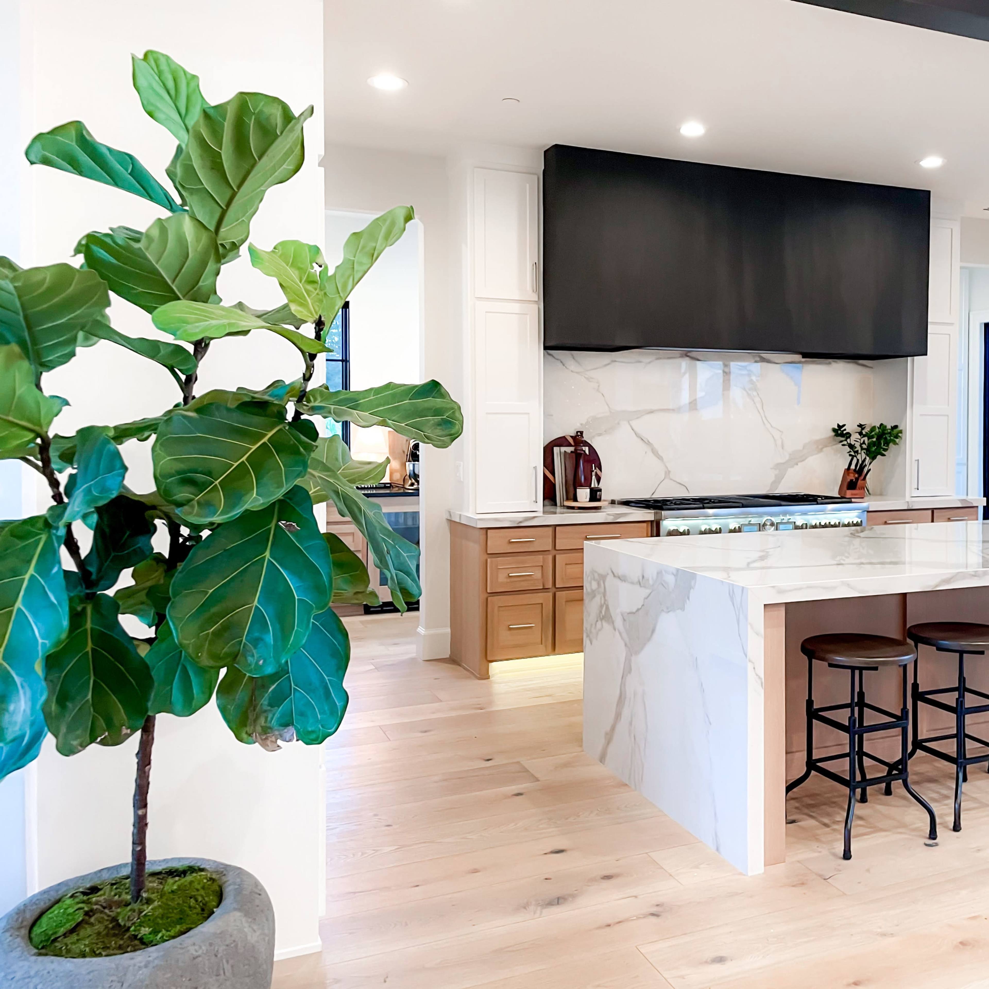 A modern kitchen featuring a large marble island with bar stools, a sleek hood above a cooktop, and wooden cabinetry against a bright, inviting backdrop.