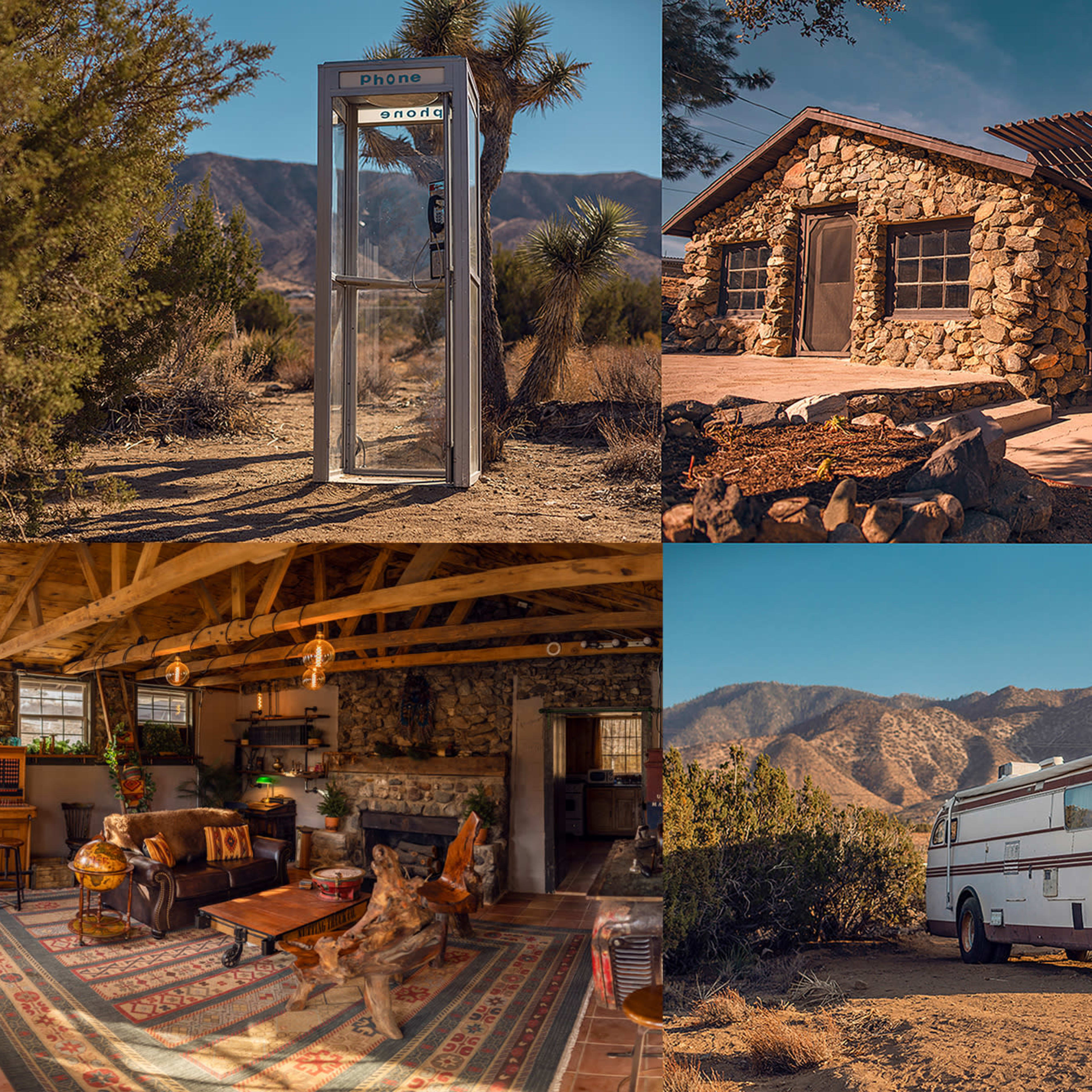 A collage of desert scenes, including a vintage phone booth, a stone building, a gas station with old pumps, an interior of a rustic cabin with furniture, a classic bus, and a covered wagon.