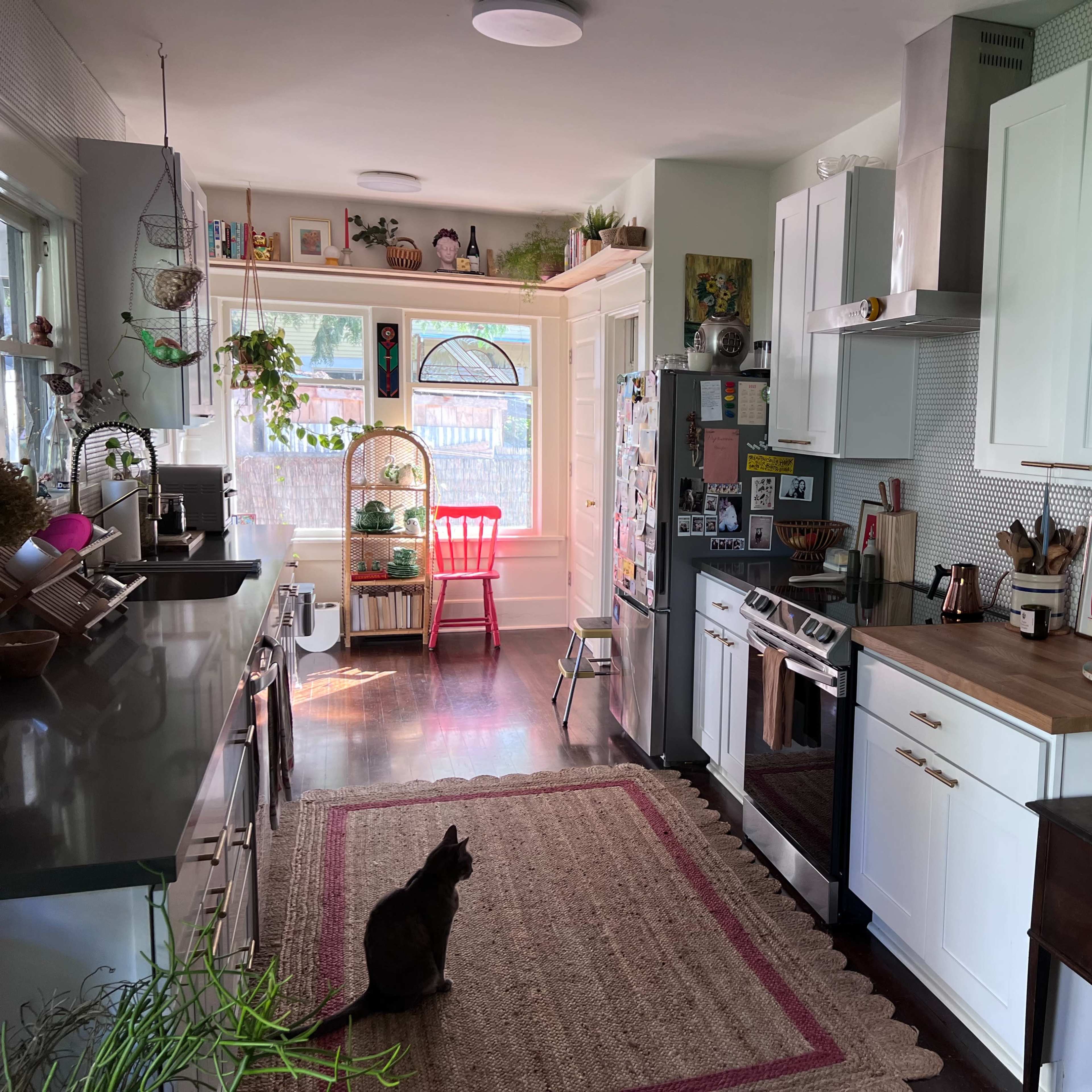 A spacious kitchen features white cabinets, a wooden countertop, a black cat on a rug, and various decorations and plants throughout the room.