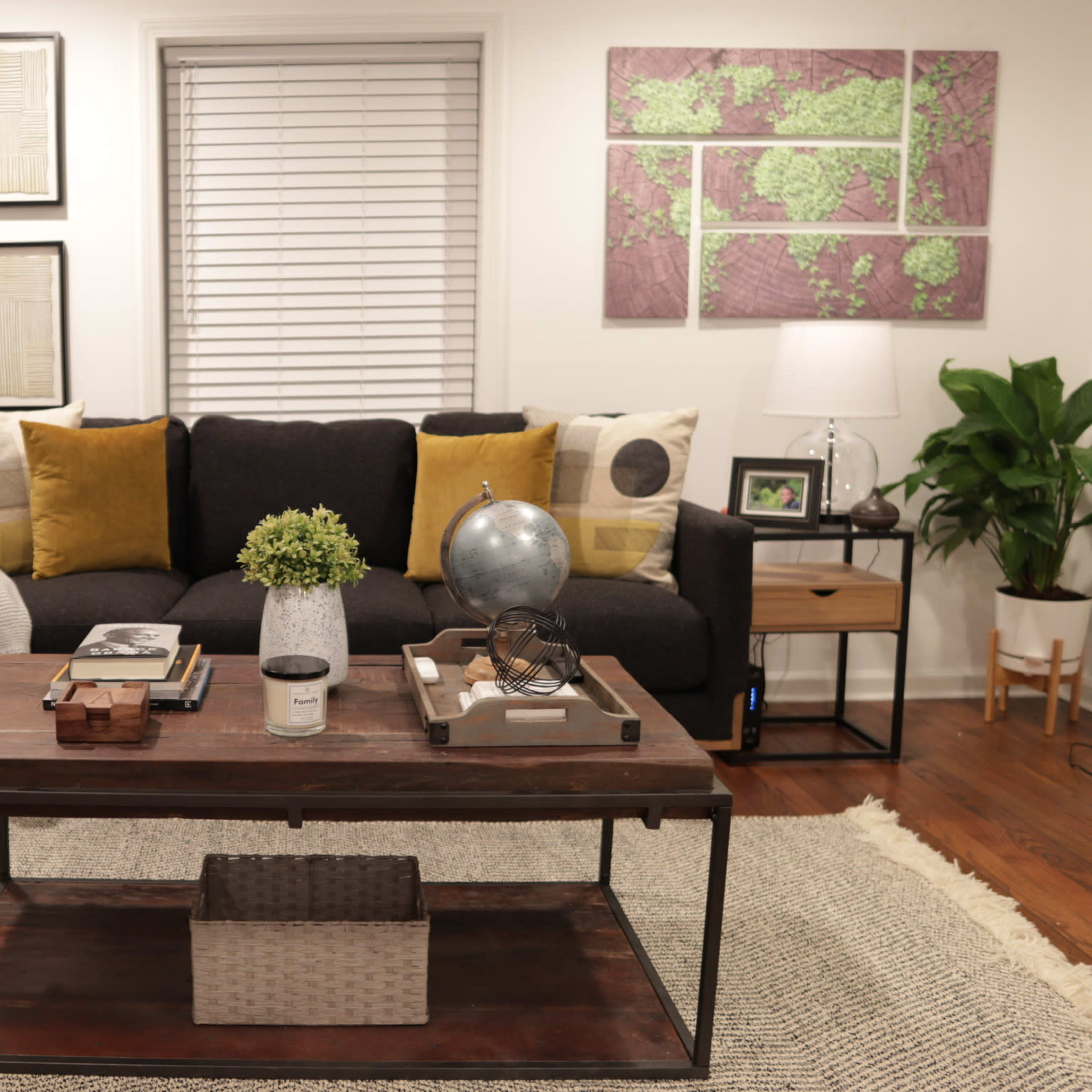 A living room with a dark sofa, a wooden coffee table, framed artwork on the walls, and a potted plant in the corner.