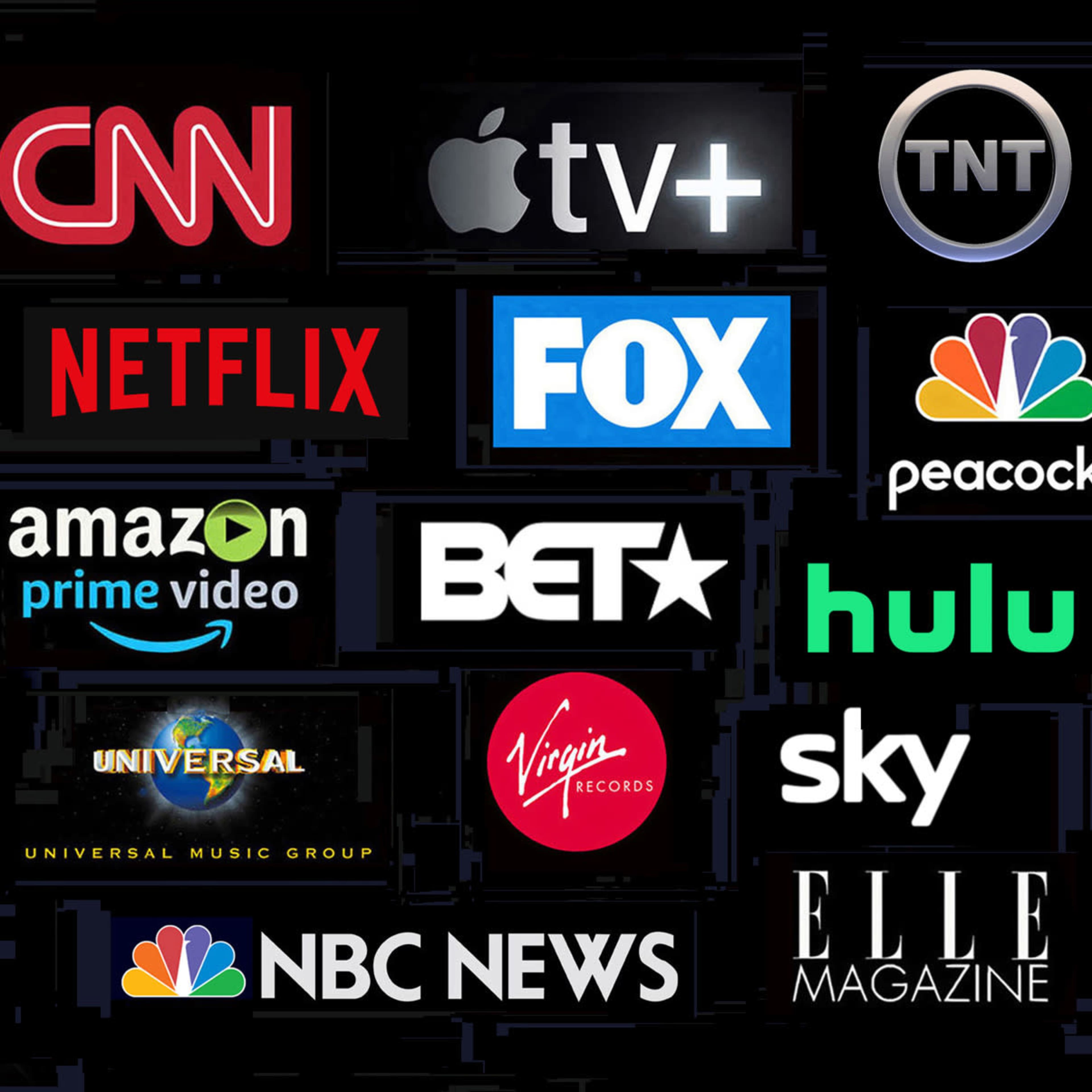 Various well-known media and entertainment company logos arranged in a grid format.