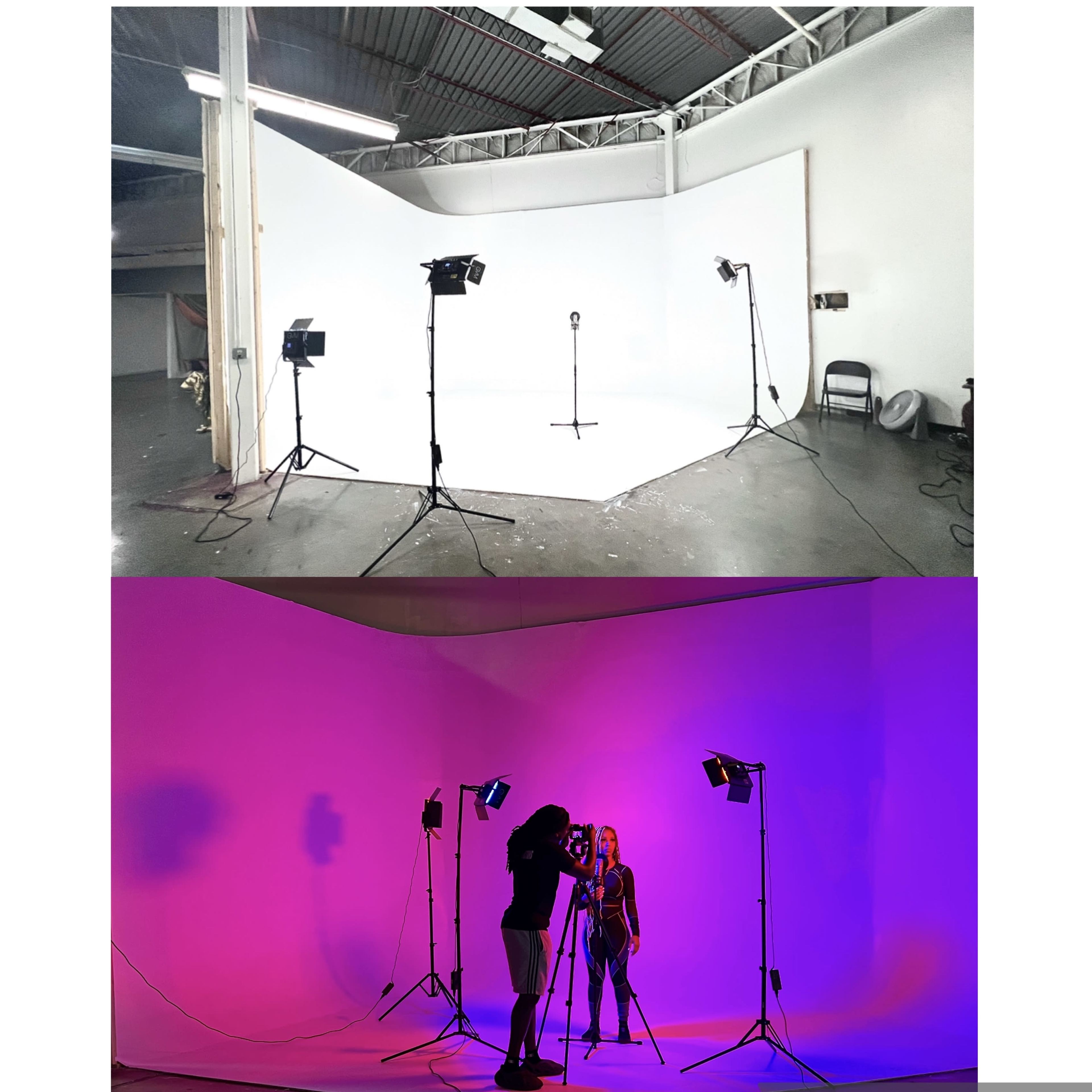 Two photography studio setups: the top features a plain white backdrop with lights positioned around a microphone, while the bottom displays a colorful backdrop with two individuals being photographed under soft lighting.
