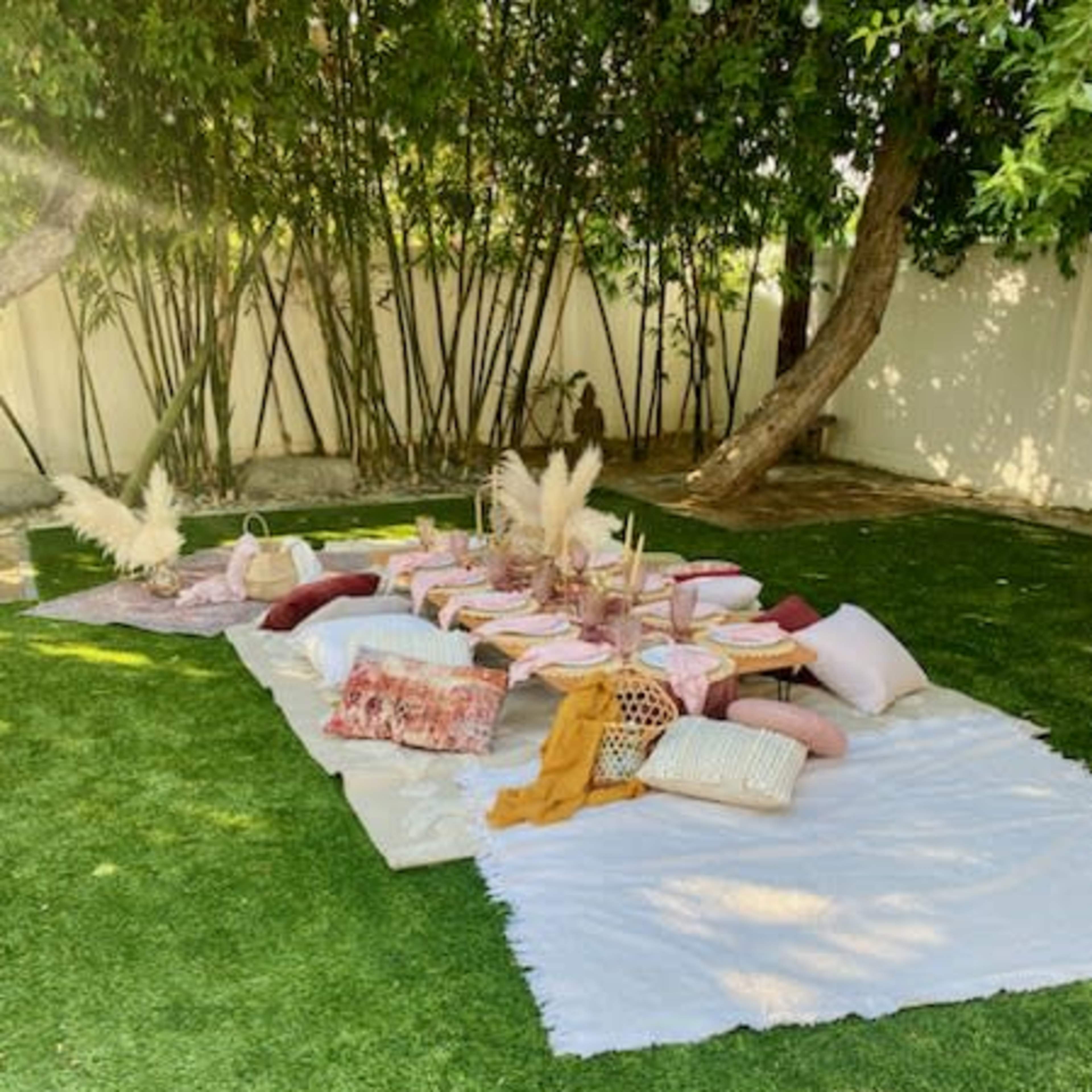 A picnic setup features decorated blankets and cushions arranged on a grassy area, with dining items and decorative accents among surrounding greenery.