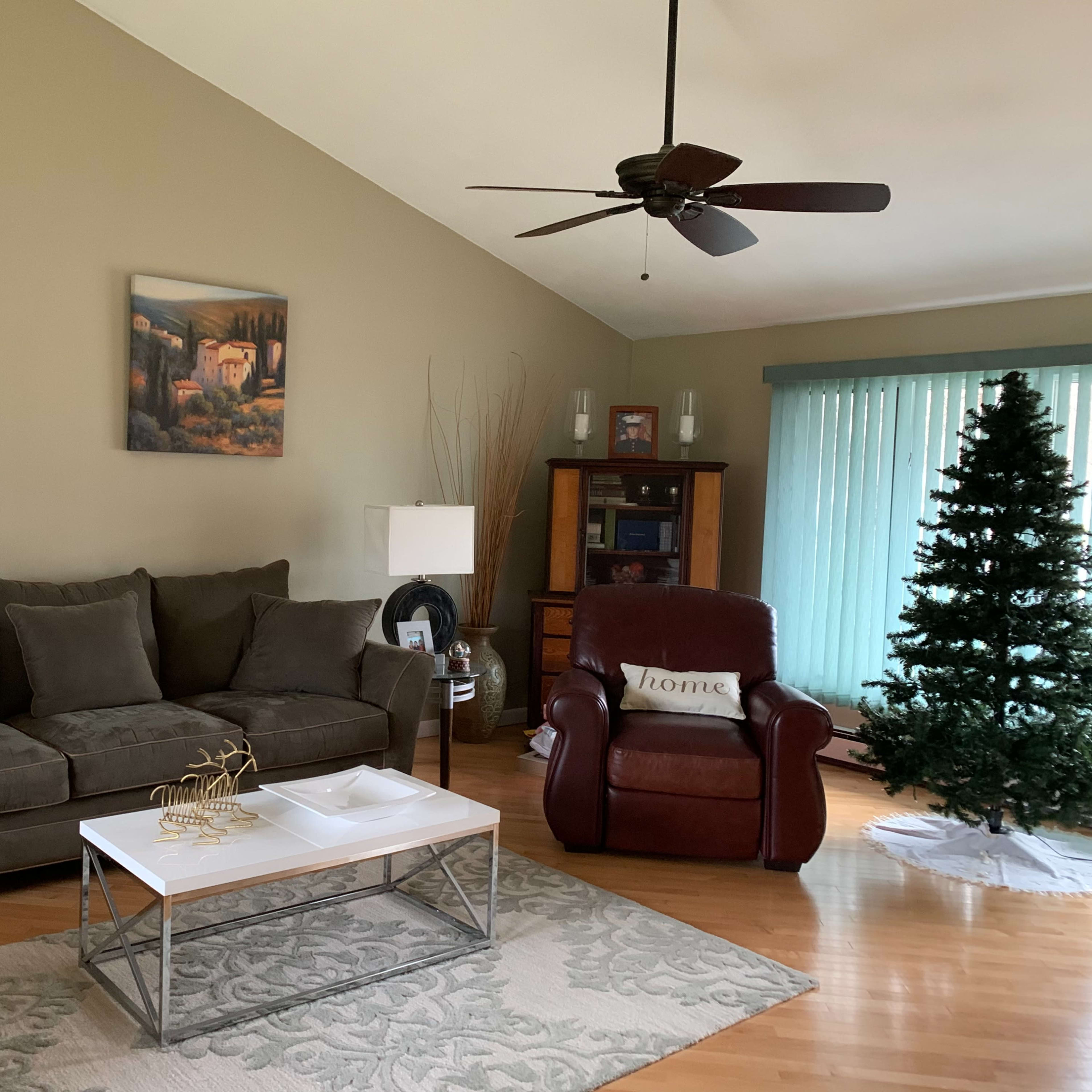 The living room features a large brown sofa, a recliner, a coffee table with decorative items, and a partially decorated Christmas tree in the corner.