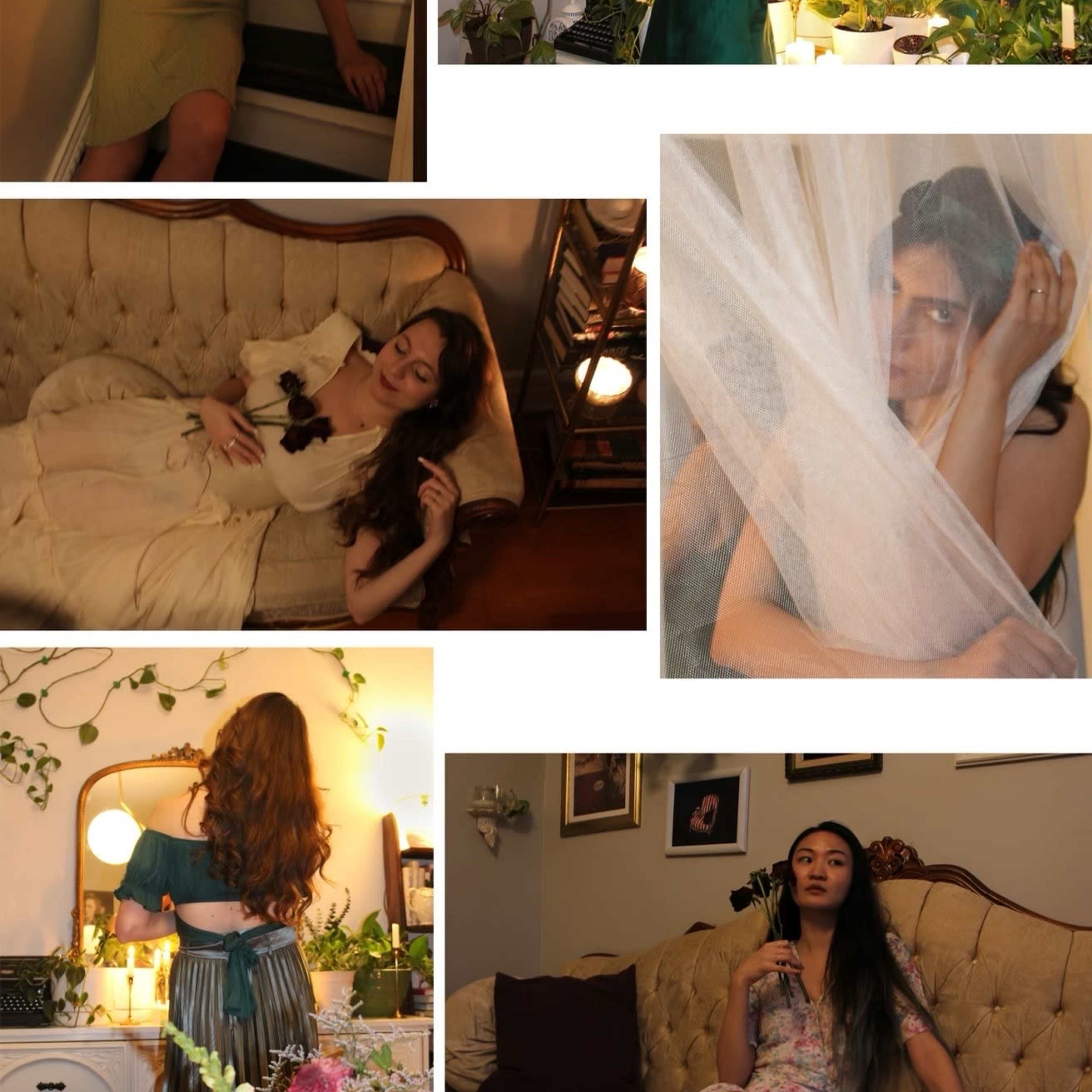 A collection of images featuring a woman in various poses and outfits, interacting with her reflection in a mirror and relaxing on a couch among plants and decorative elements.