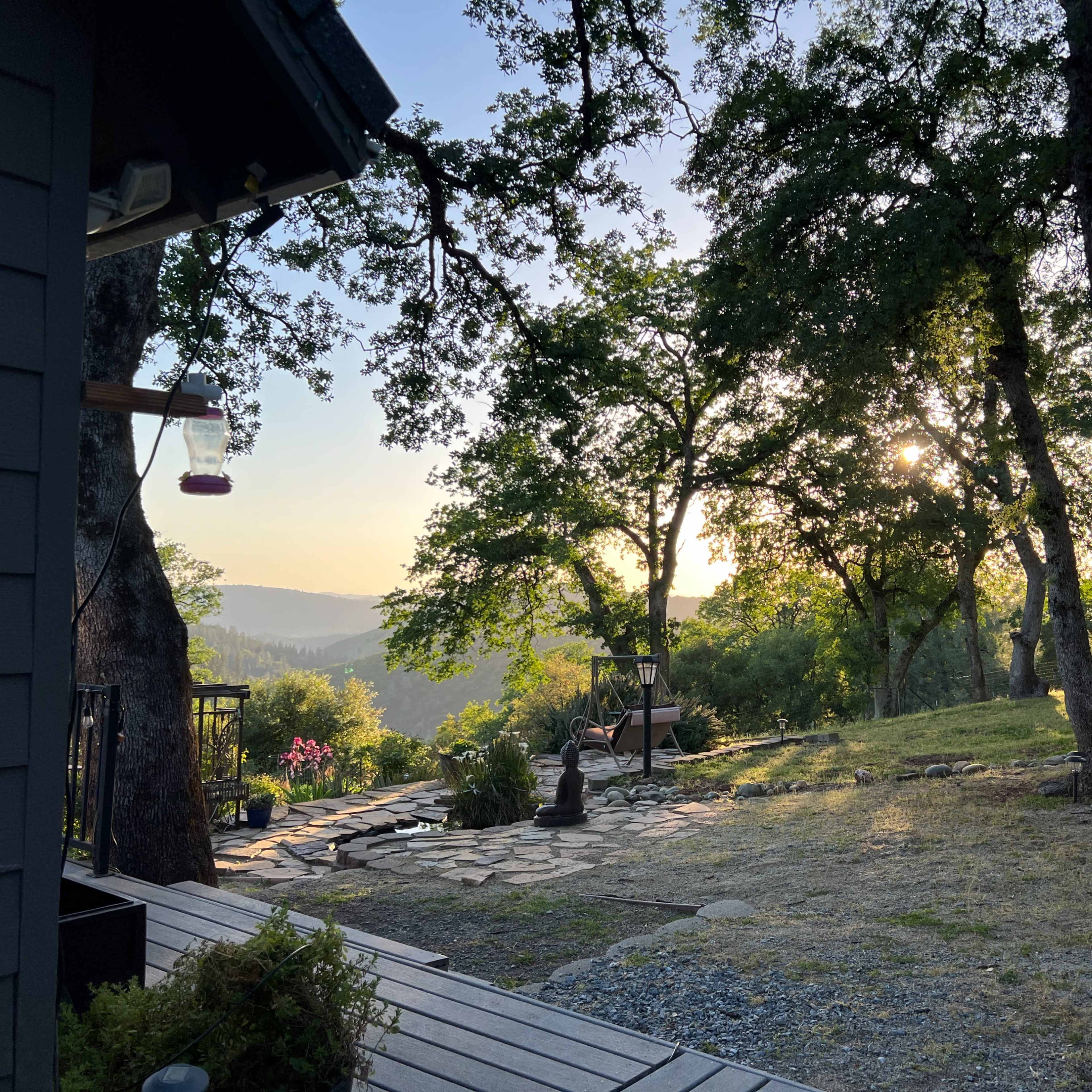 A serene outdoor setting with trees and a hammock, overlooking a distant valley at sunrise.