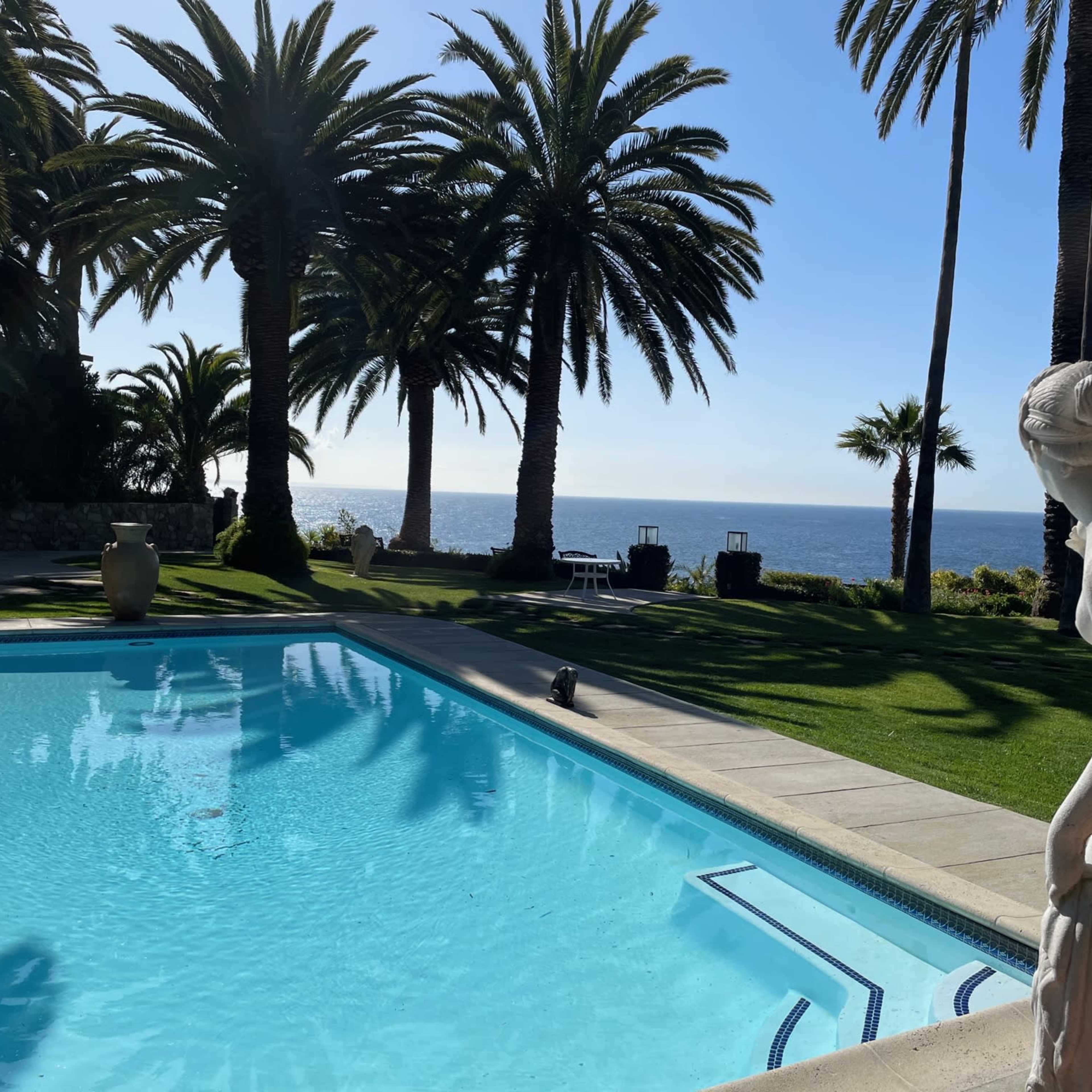 A statue overlooks a swimming pool surrounded by palm trees and a view of the ocean.