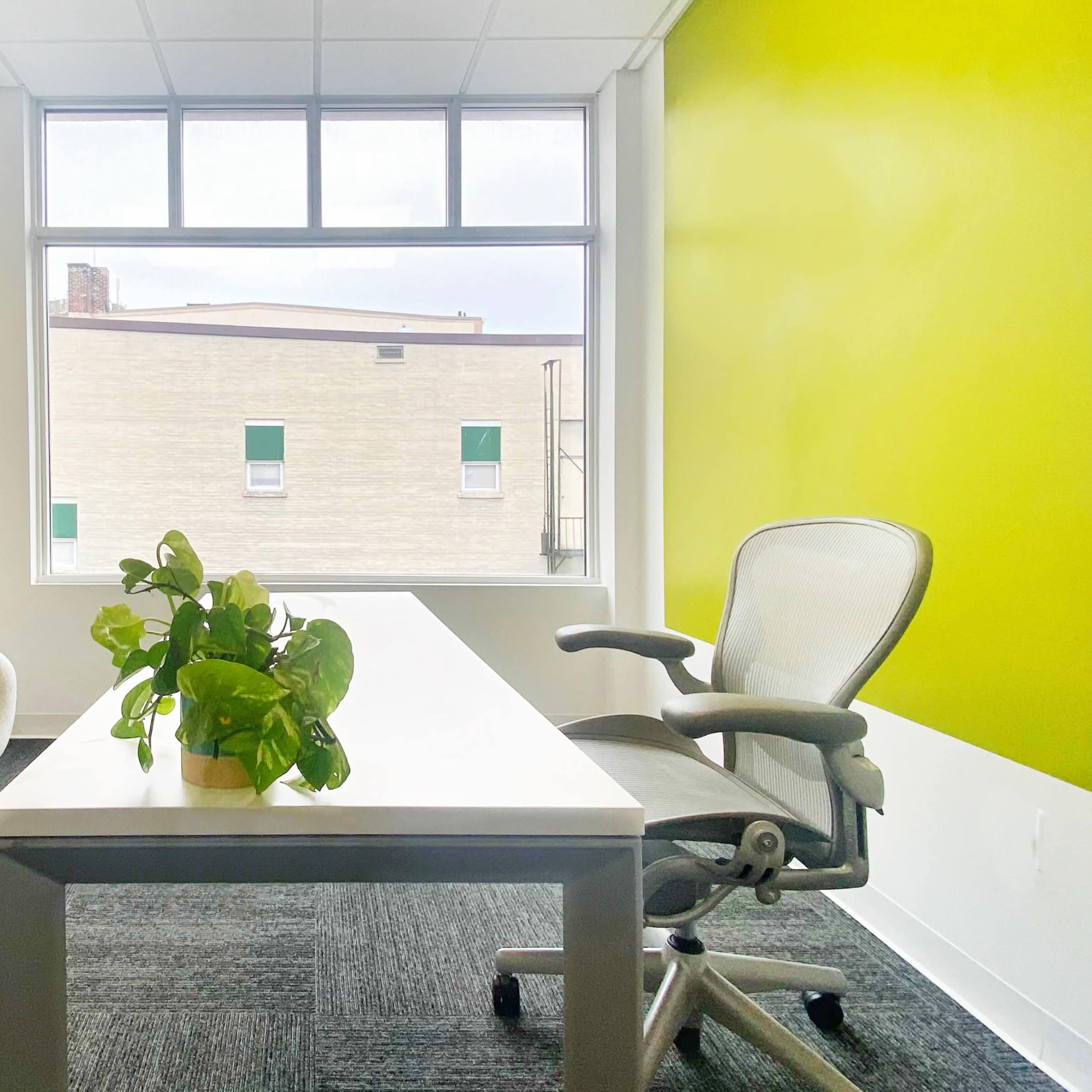 A modern office space featuring a table with a potted plant, a chair, and a window overlooking a building outside.