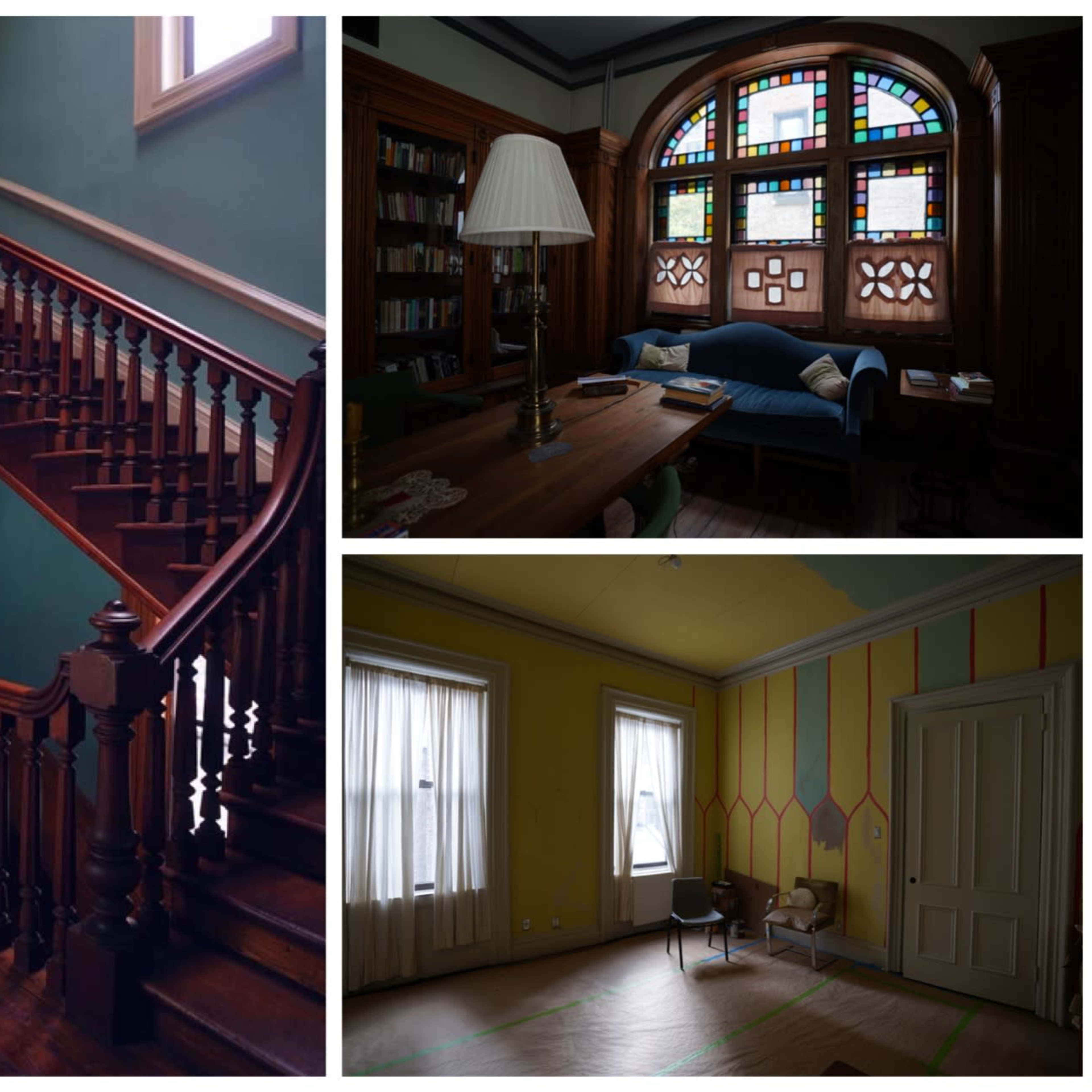Three scenes: a wooden staircase with a cross on the wall, a study area with a stained glass window and a lamp, and a room with yellow walls and colorful striped accents.