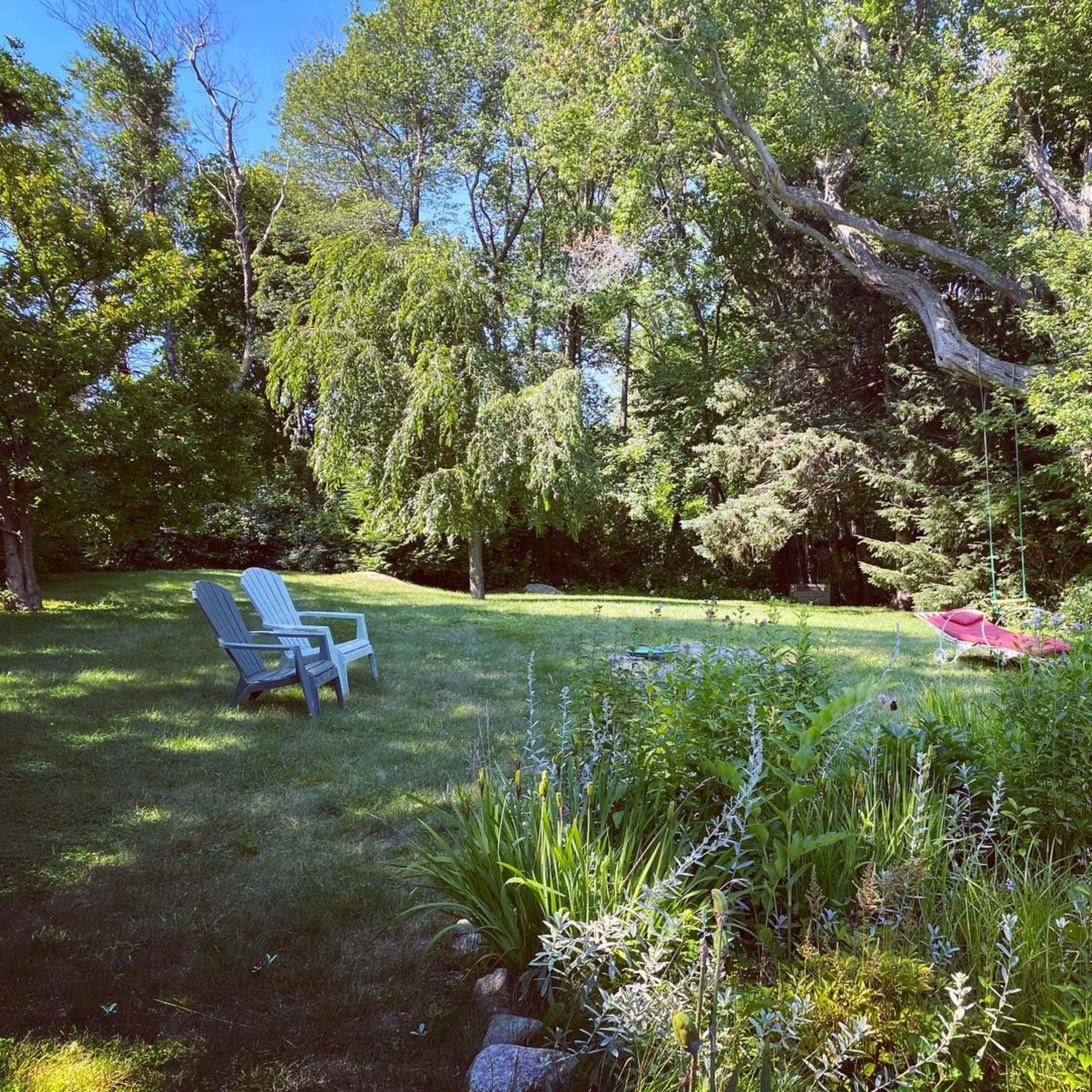 A sprawling green garden with two white Adirondack chairs and a hammock set among trees and shrubs.