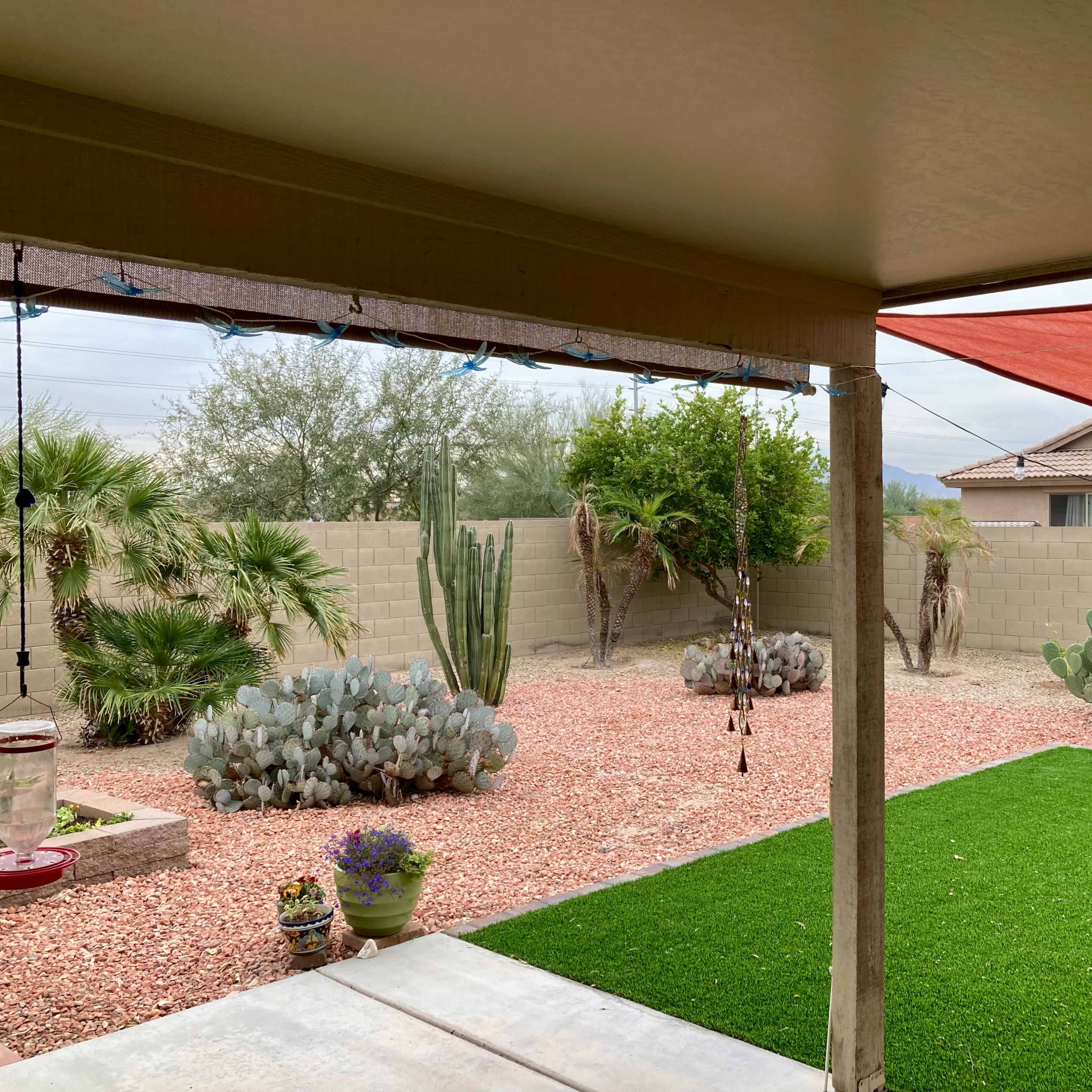 A landscaped backyard featuring a patch of artificial grass, various succulent plants, and a shaded area under a structure.