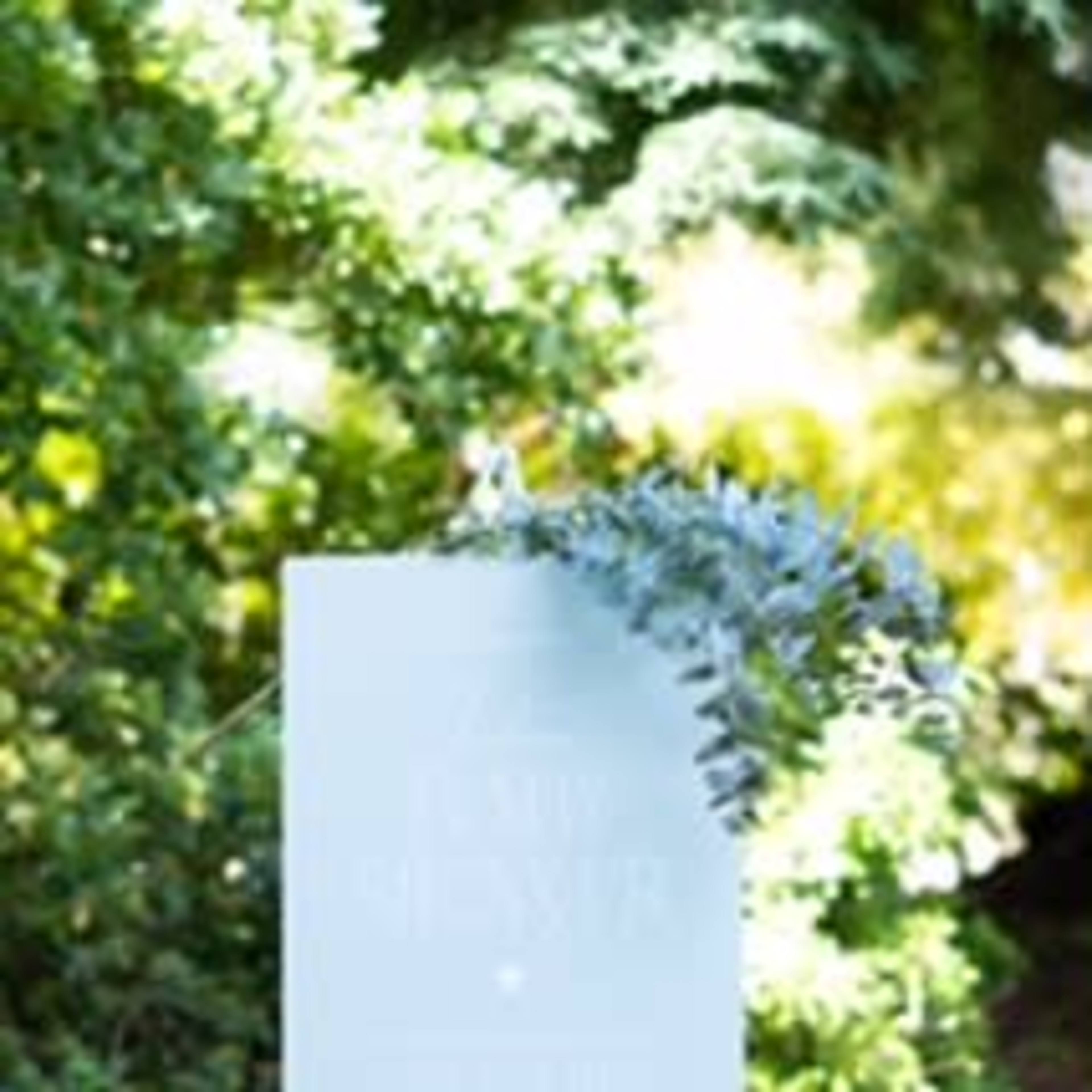 A white sign placed on an easel is partially covered with greenery in a garden setting.