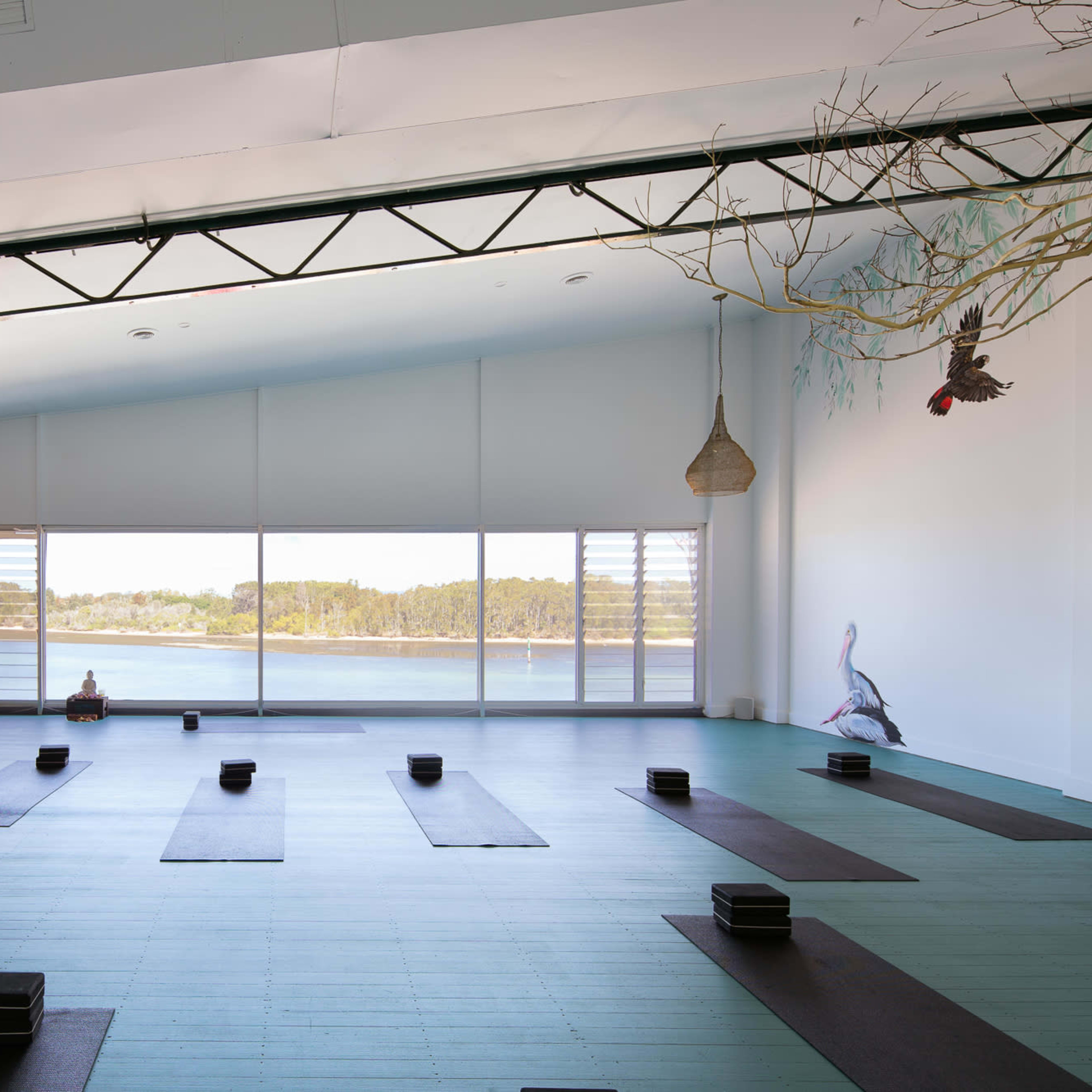 A spacious yoga studio with several yoga mats arranged in rows and large windows overlooking a serene landscape.