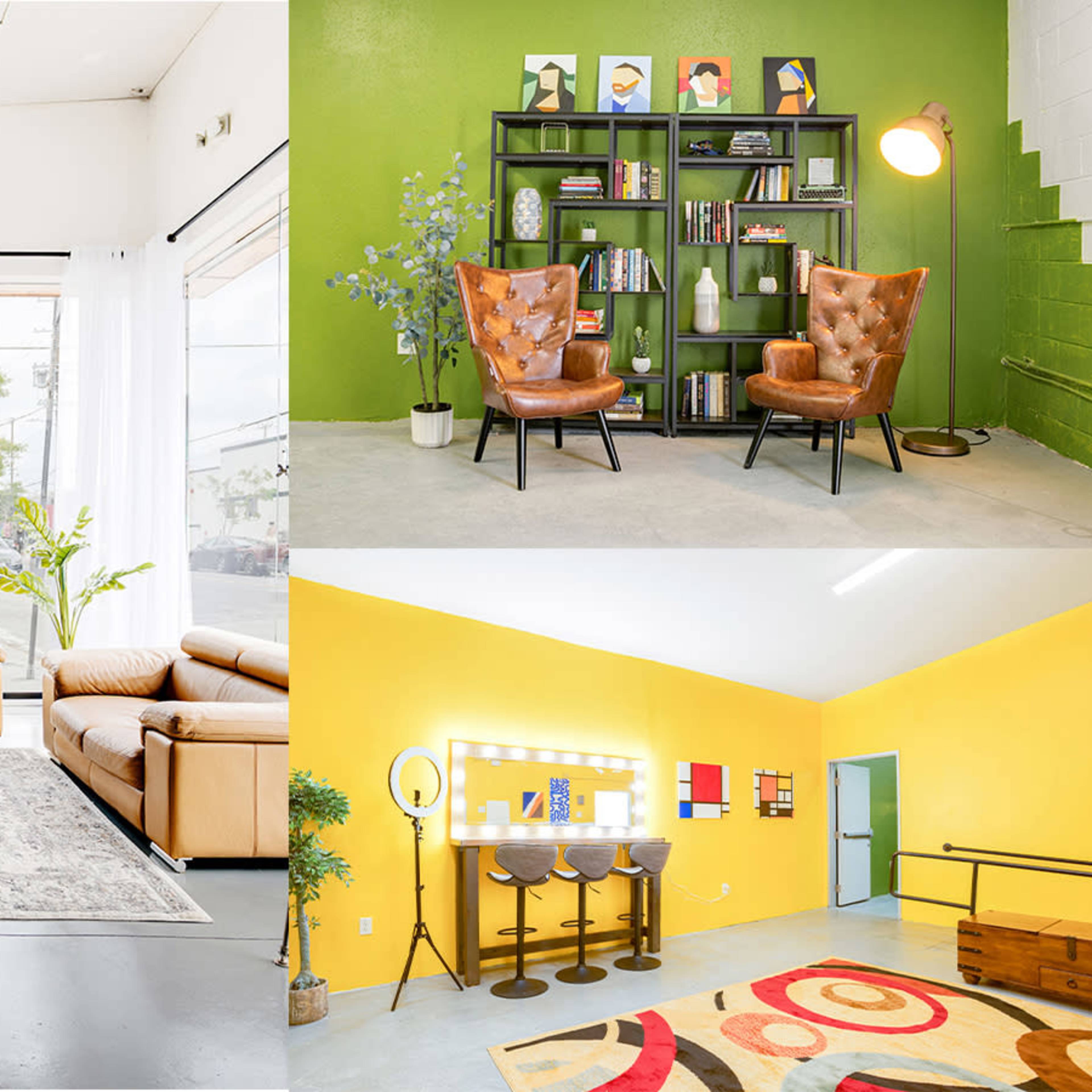 A spacious, modern interior featuring a cozy seating area with leather sofas, a bright green wall with artwork, a reading nook with two chairs and a bookshelf, and a yellow room with a mirror and makeup station.