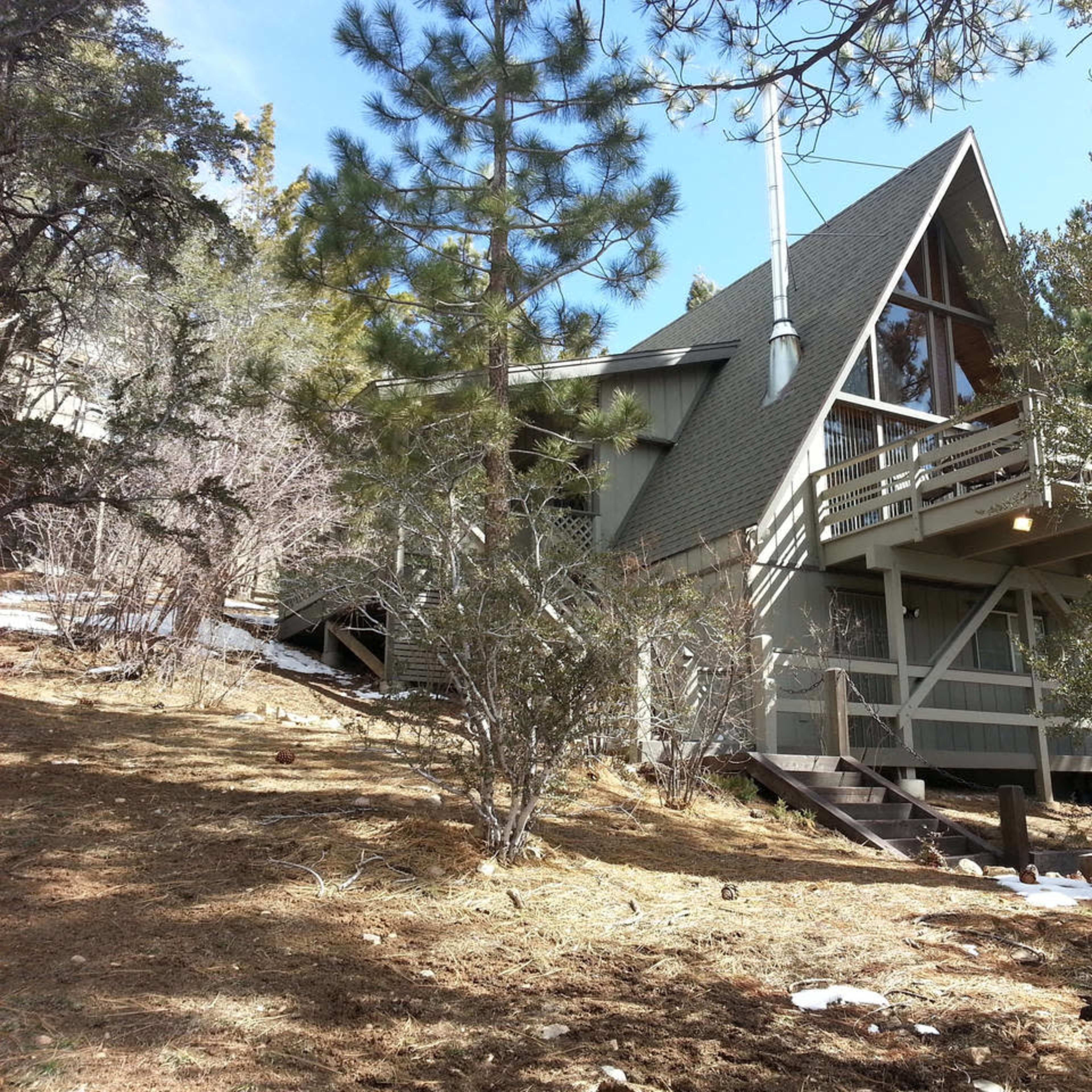 A triangular-roofed cabin is nestled among trees on a sloped terrain.