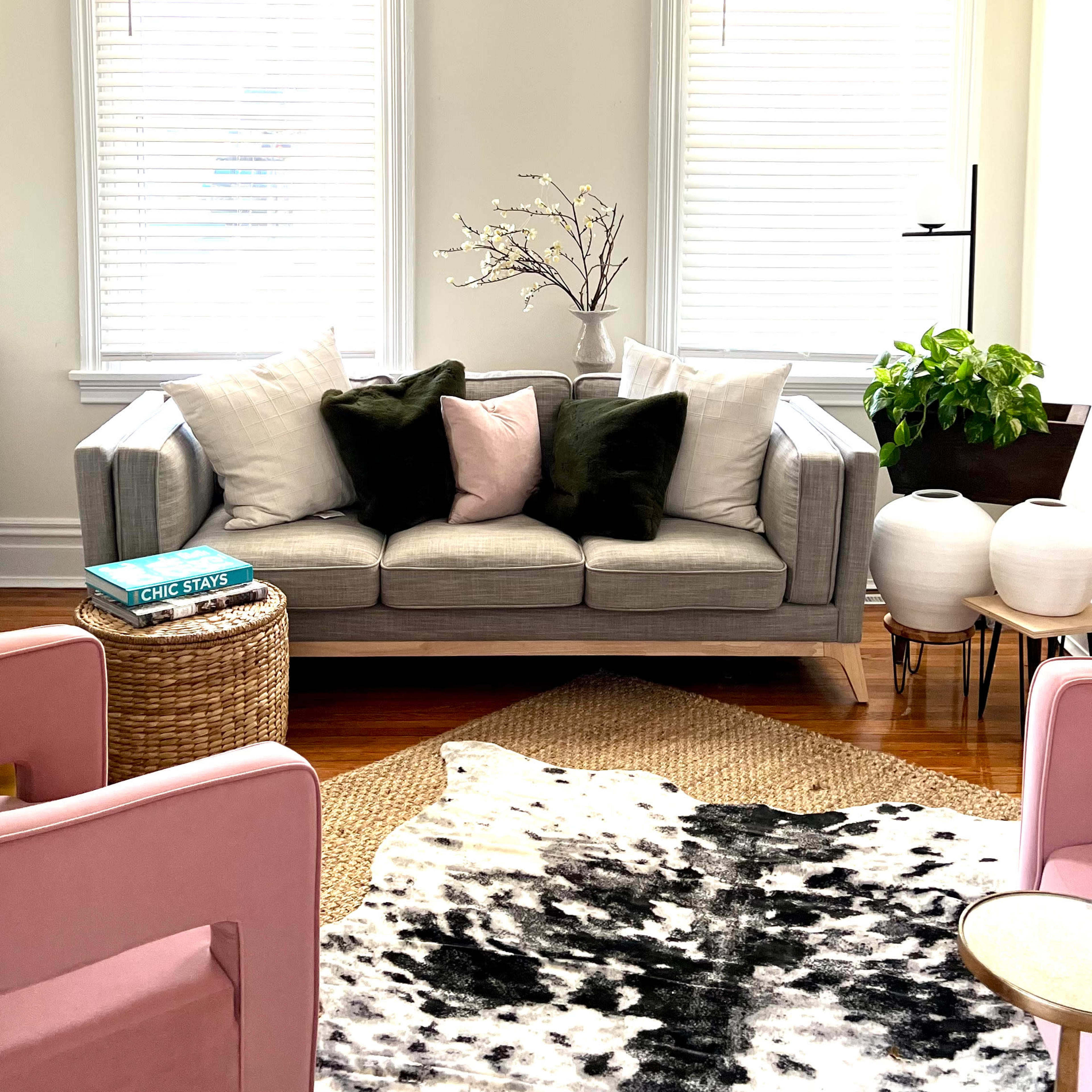 The living room features a gray sofa with pillows, two pink chairs, a cowhide rug, and indoor plants.