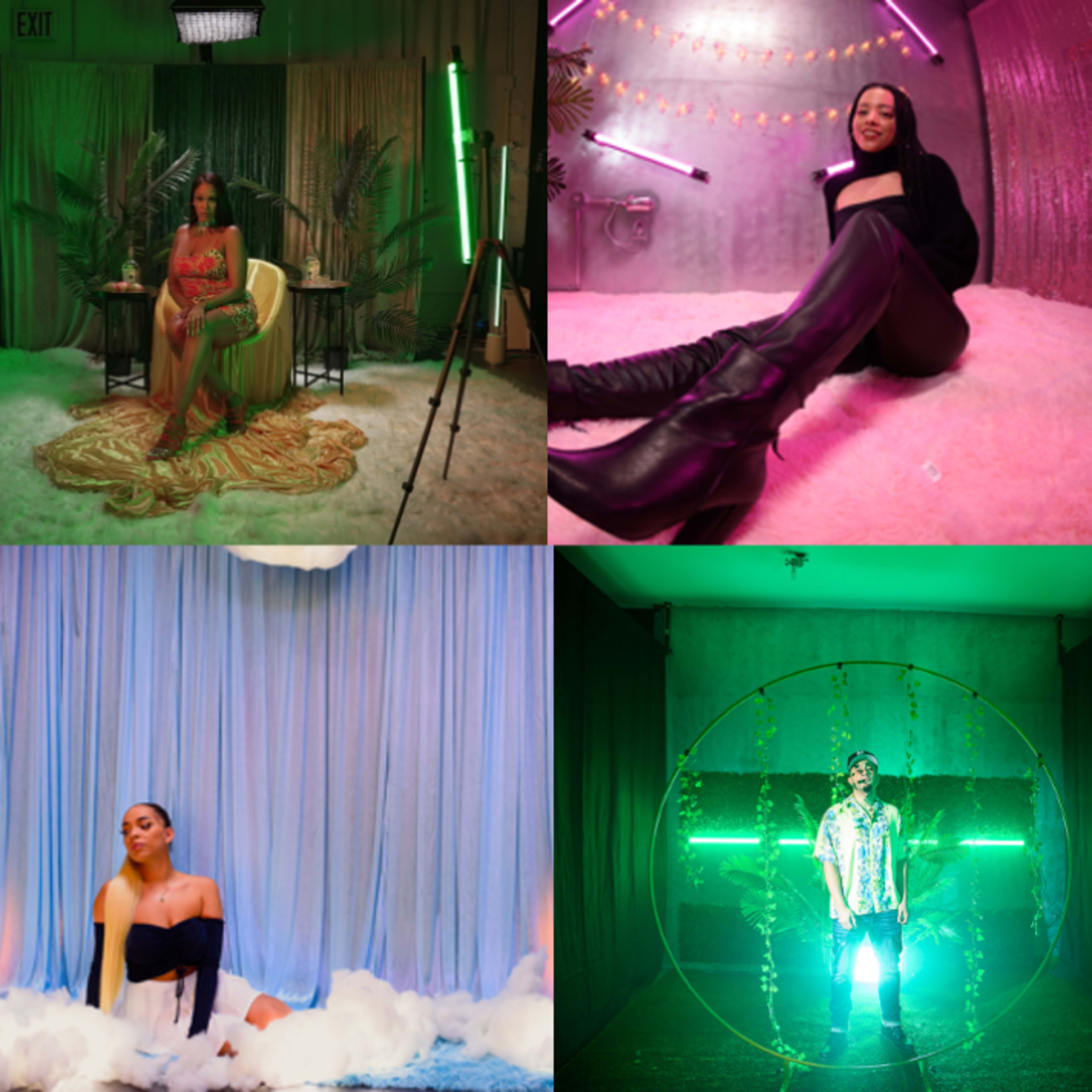 Six different scenes featuring individuals posing in various colorful and creatively lit backdrops with unique props and settings.