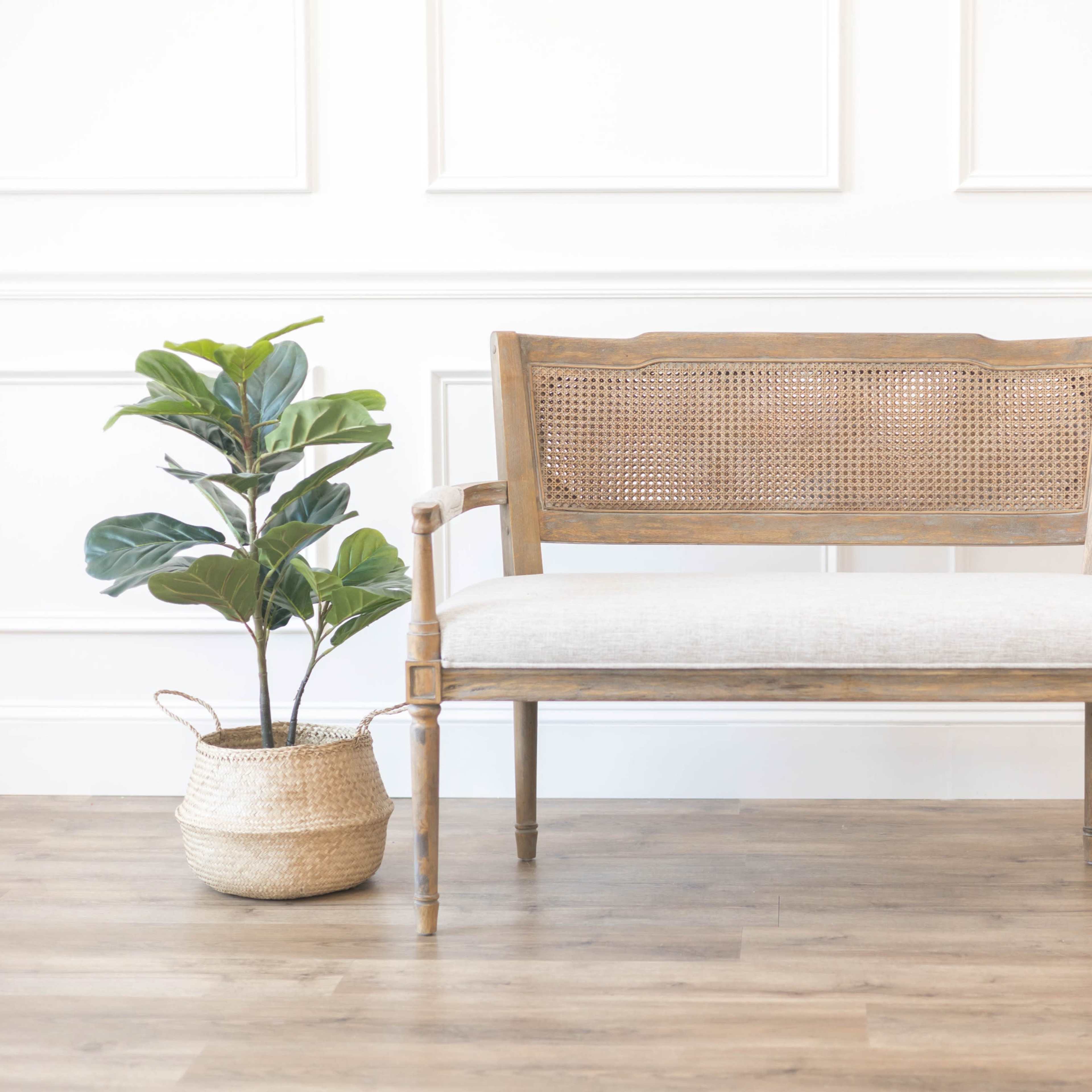 A wooden bench with a woven backrest sits beside a potted plant in a woven basket against a panelled wall.