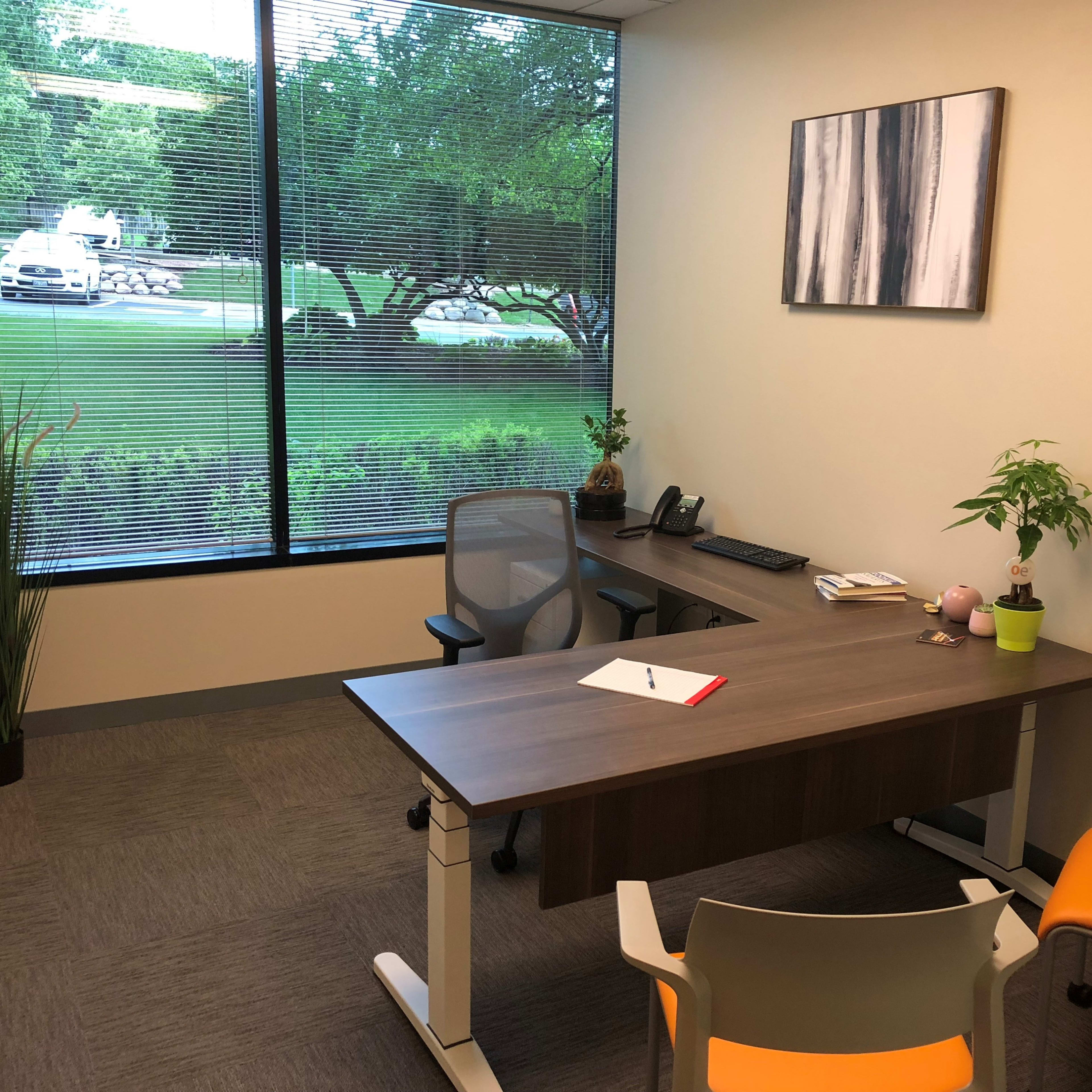 A modern office space features a wooden desk, an ergonomic chair, a small plant, and a large window overlooking greenery.