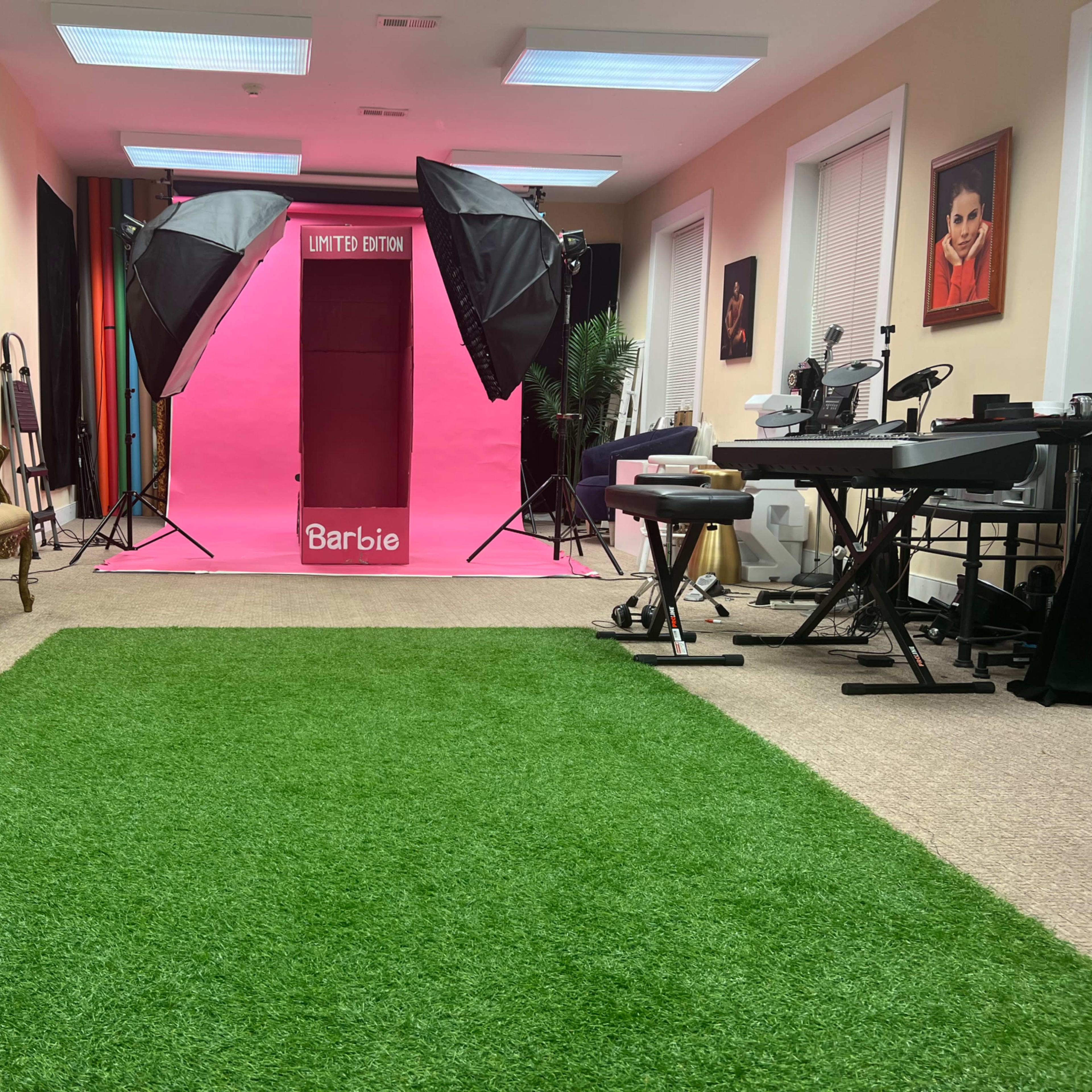 A room with a bright pink backdrop labeled "LIMITED EDITION" flanked by two professional lighting setups, while an artificial grass carpet covers the floor.