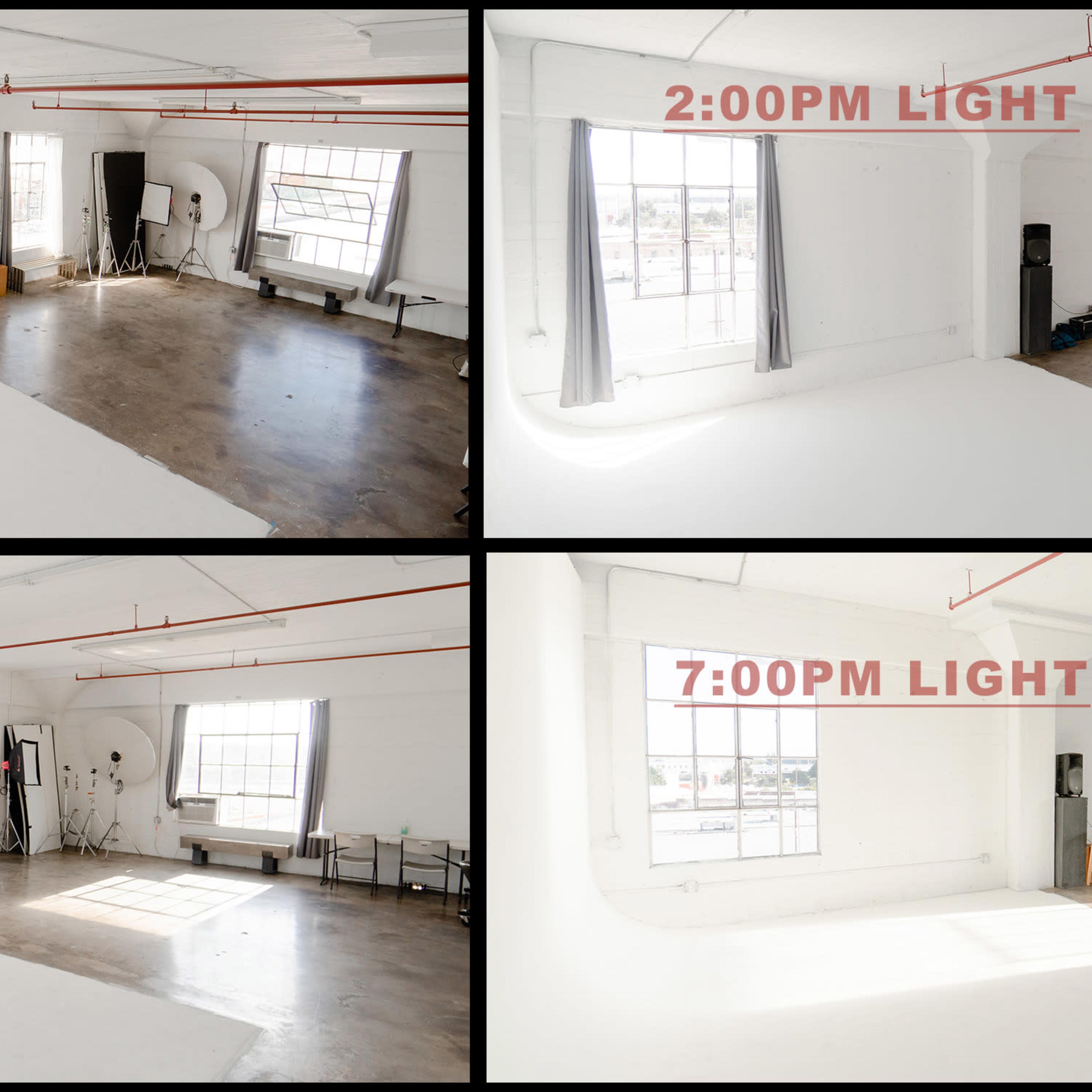 Four different views of a studio space at various times of the day, labeled with the corresponding time and lighting conditions.