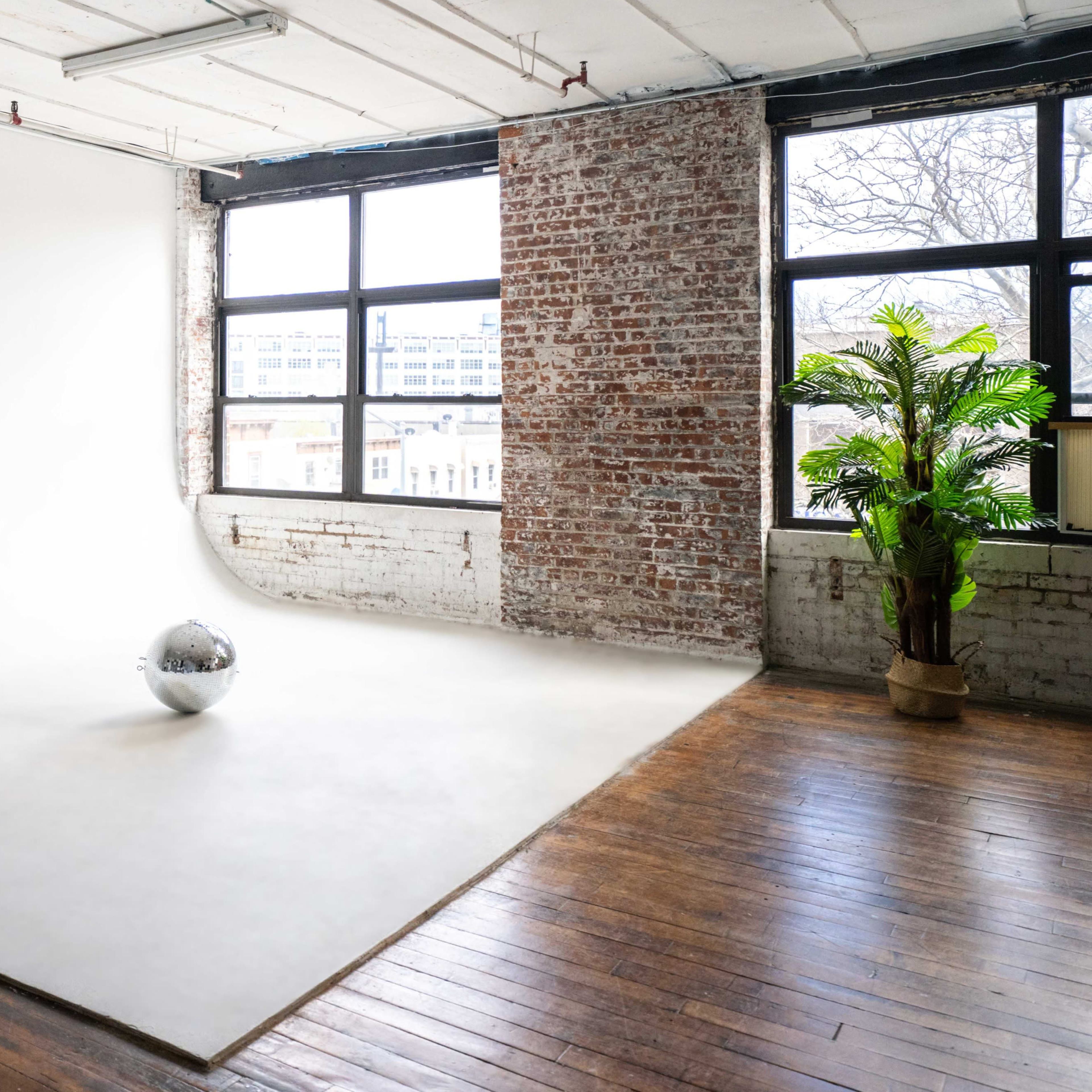 A spacious, empty room with a wooden floor, a white backdrop, and a mirrored disco ball on the ground next to a potted plant.