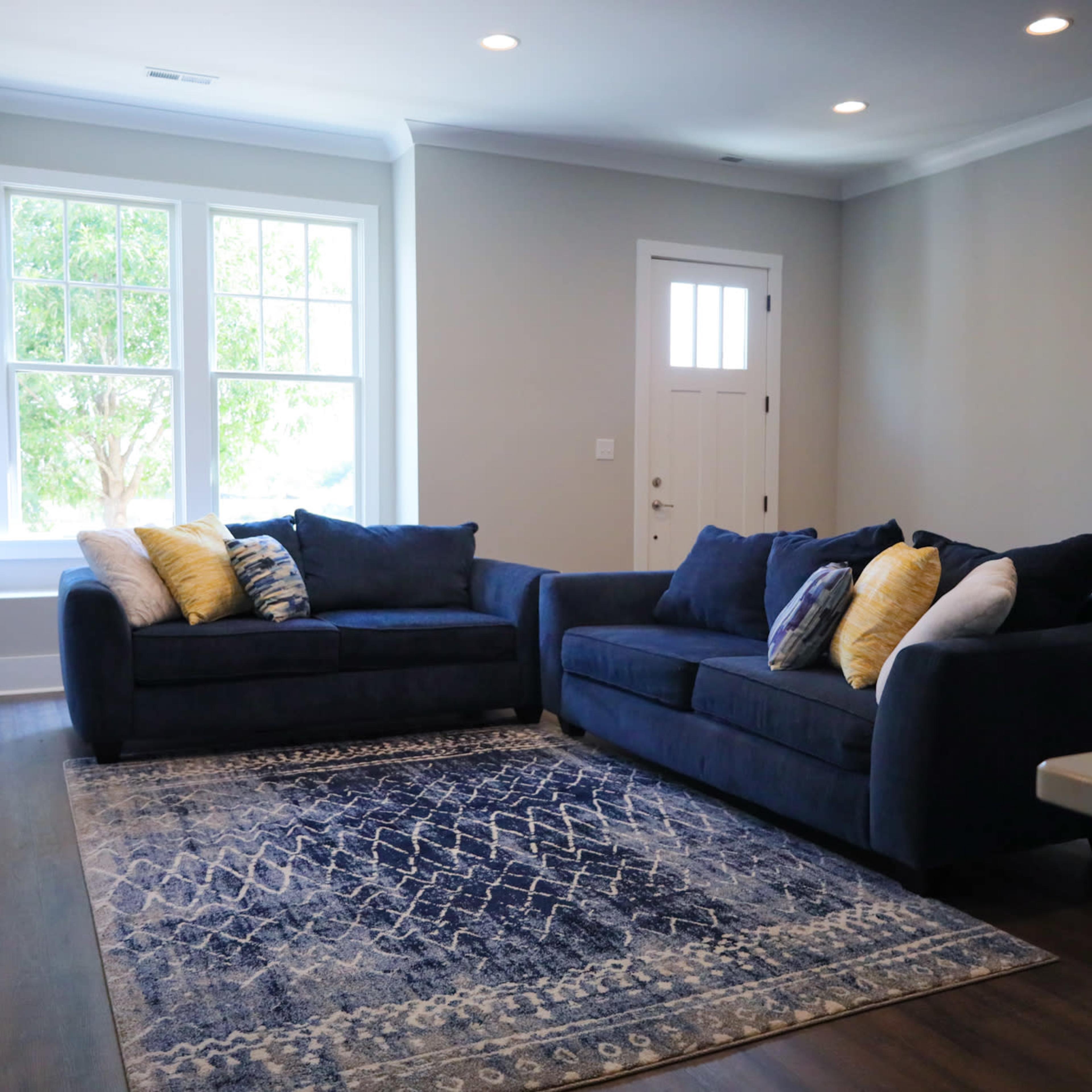 A modern living room features two dark sofas with decorative pillows, a patterned area rug, and a front door near large windows allowing natural light.