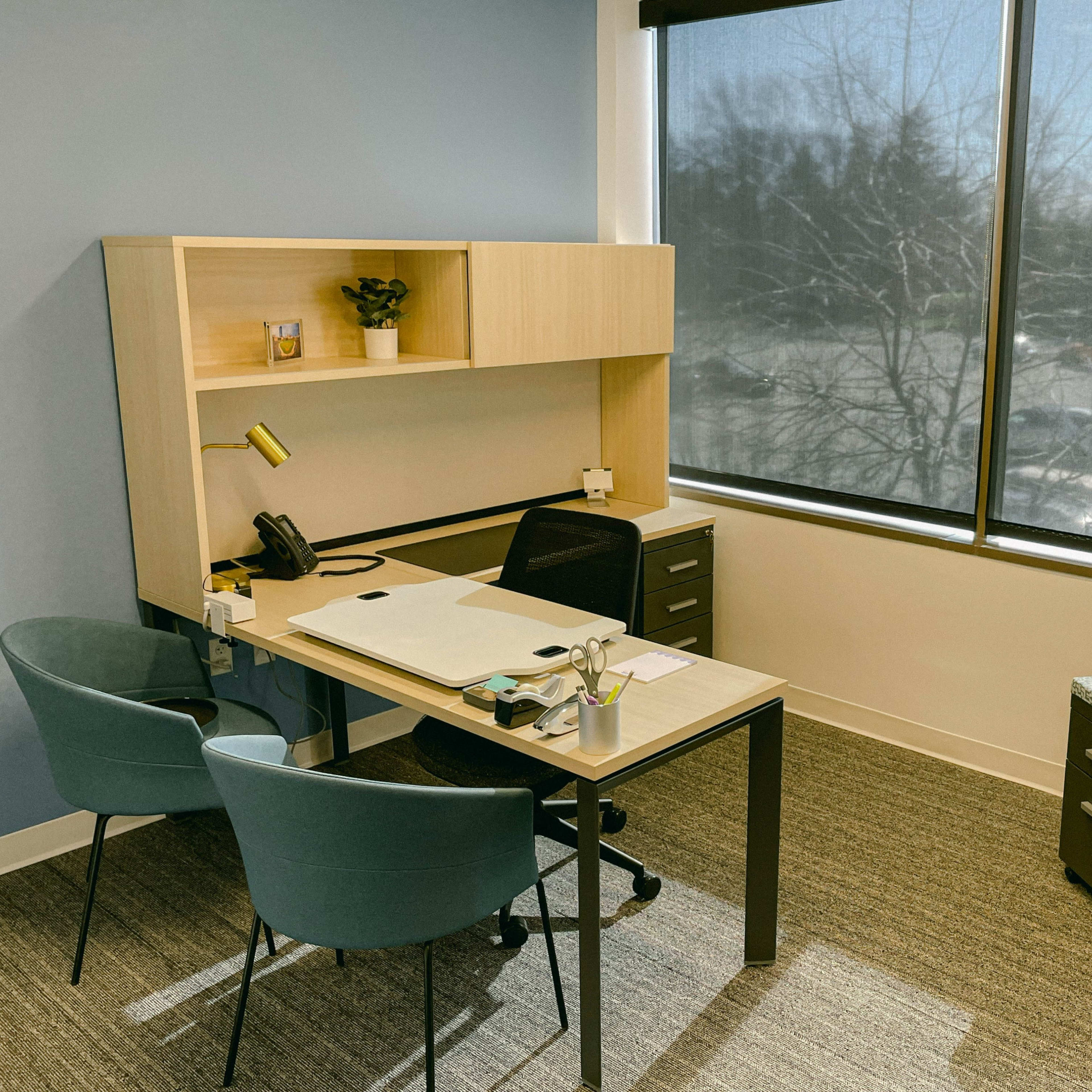 A minimalist office space features a desk with a chair, a small plant, a phone, and a filing cabinet near a large window letting in natural light.