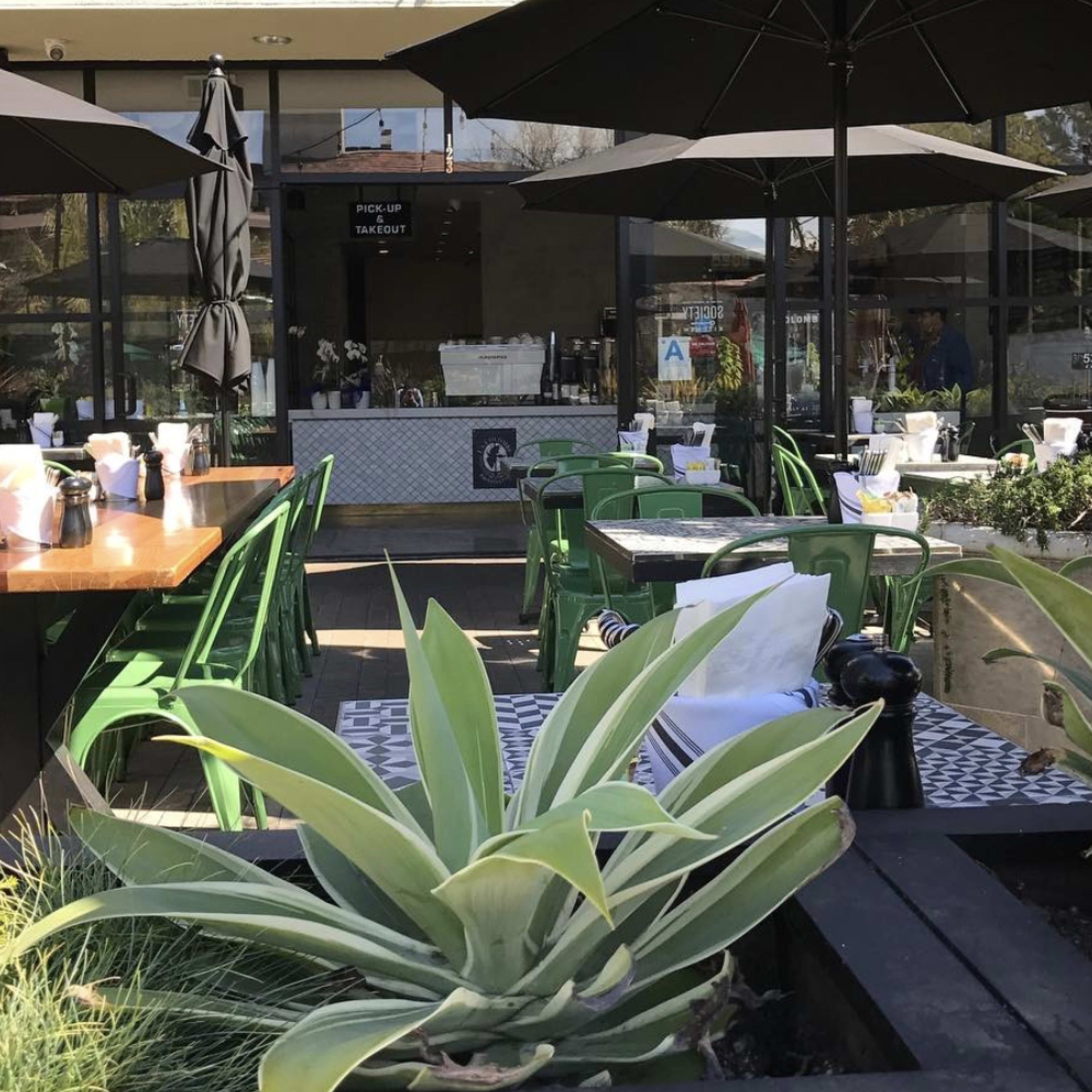 A modern outdoor dining area features green chairs and tables shaded by black umbrellas, surrounded by potted plants and decorative tile.