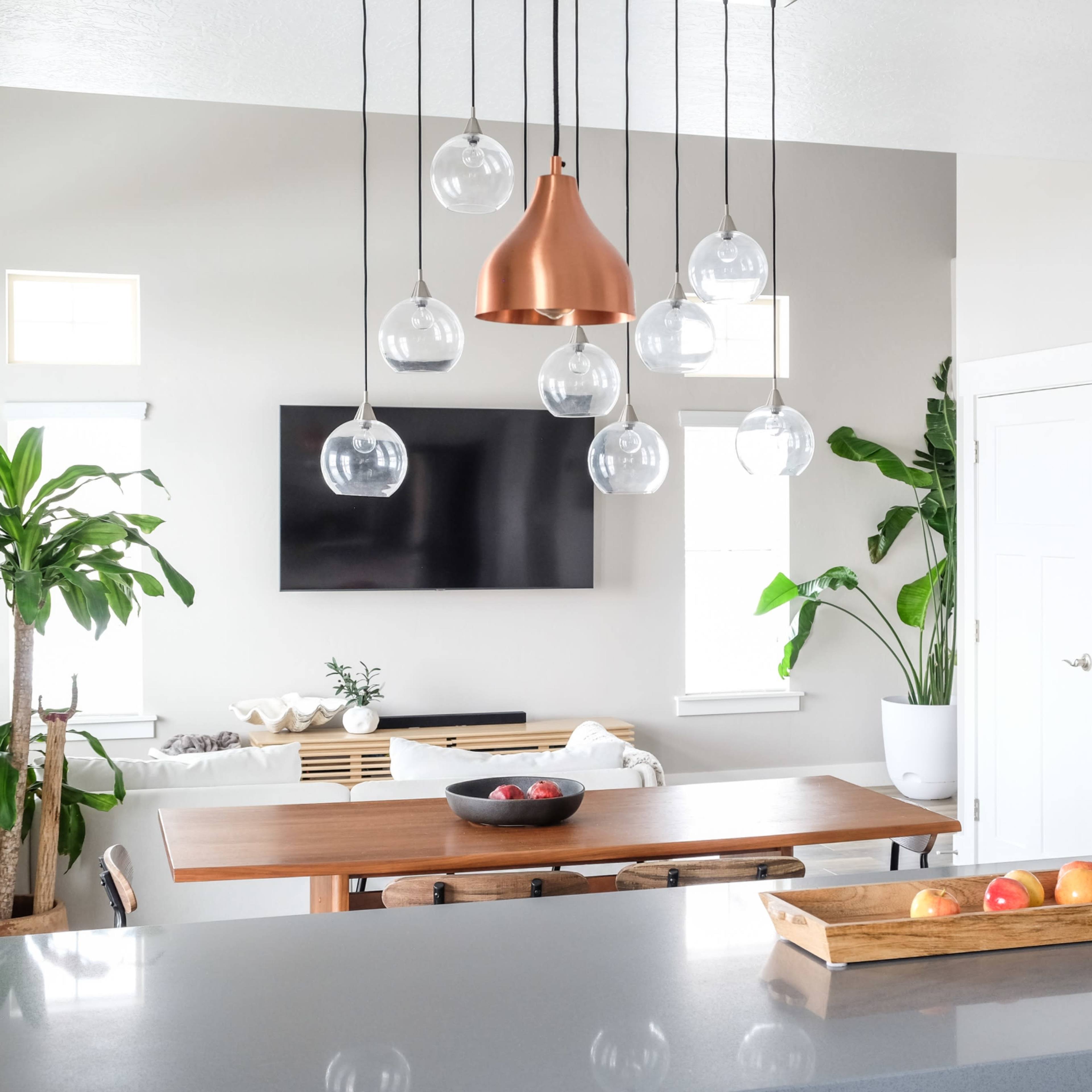 A modern open-concept living space features a dining table, pendant lights, a television mounted on the wall, and indoor plants.
