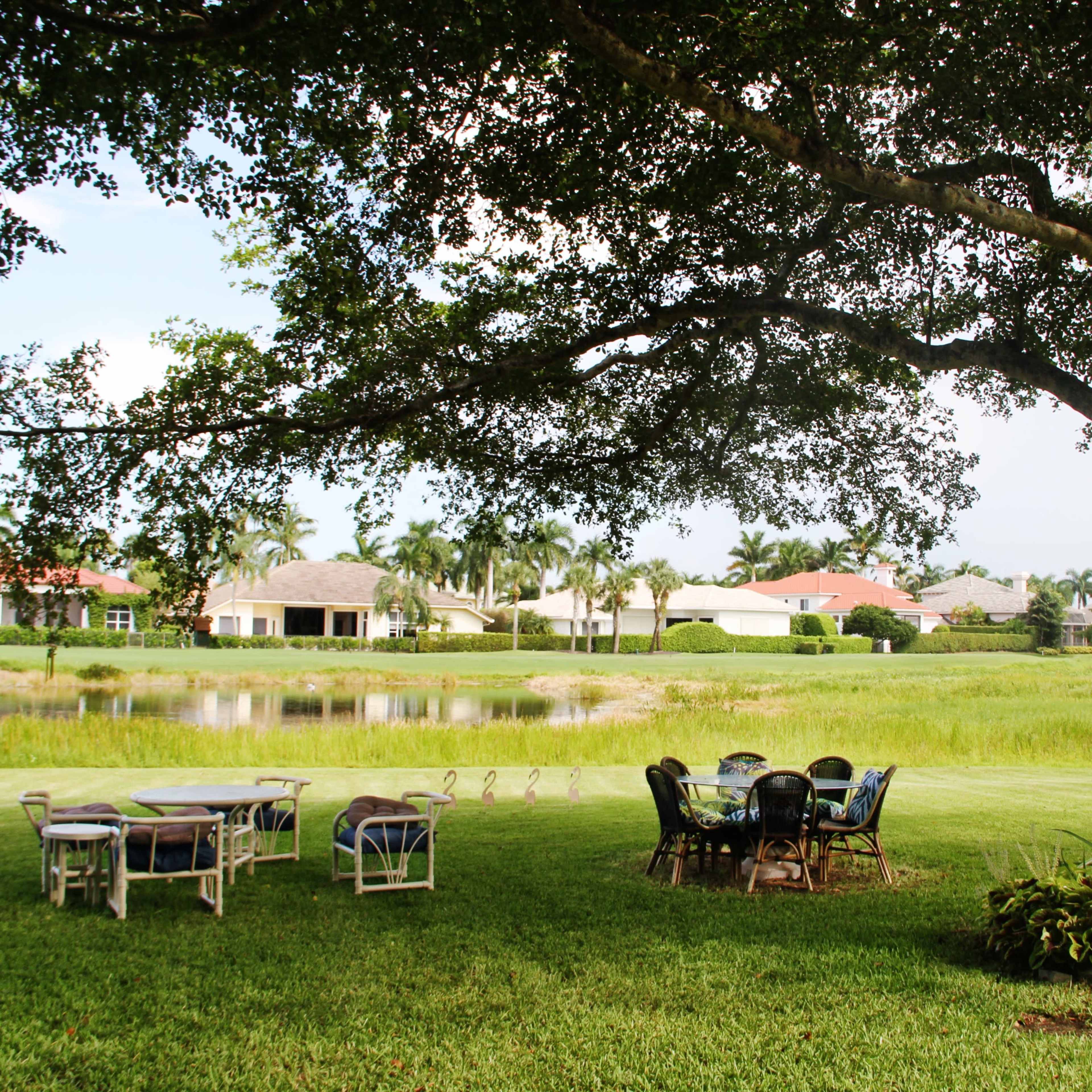 A table and chairs are arranged under a large tree beside a lake, with houses visible in the background.